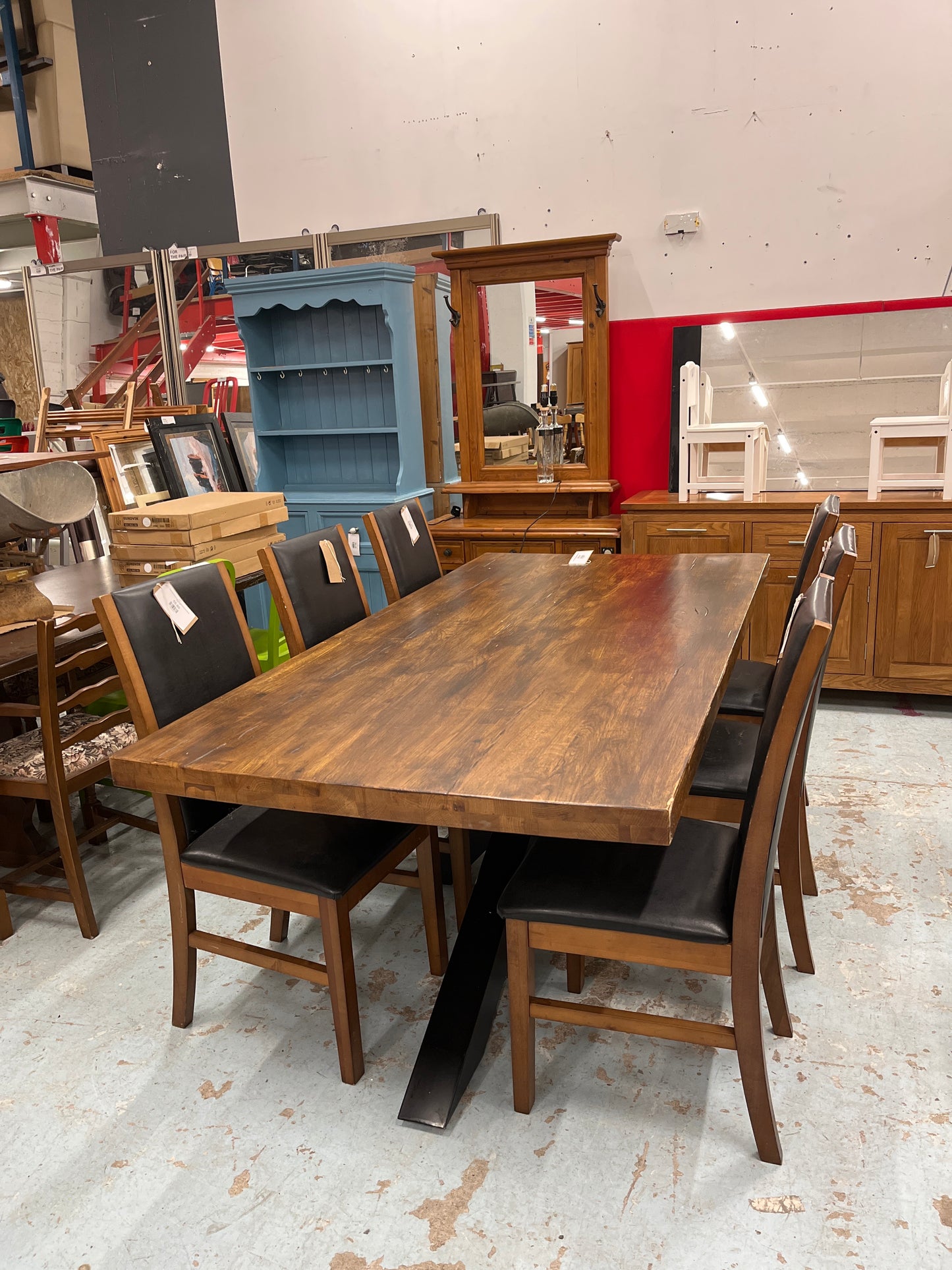 Oak solid oak stained large dining table with tripod black metal frame  2125