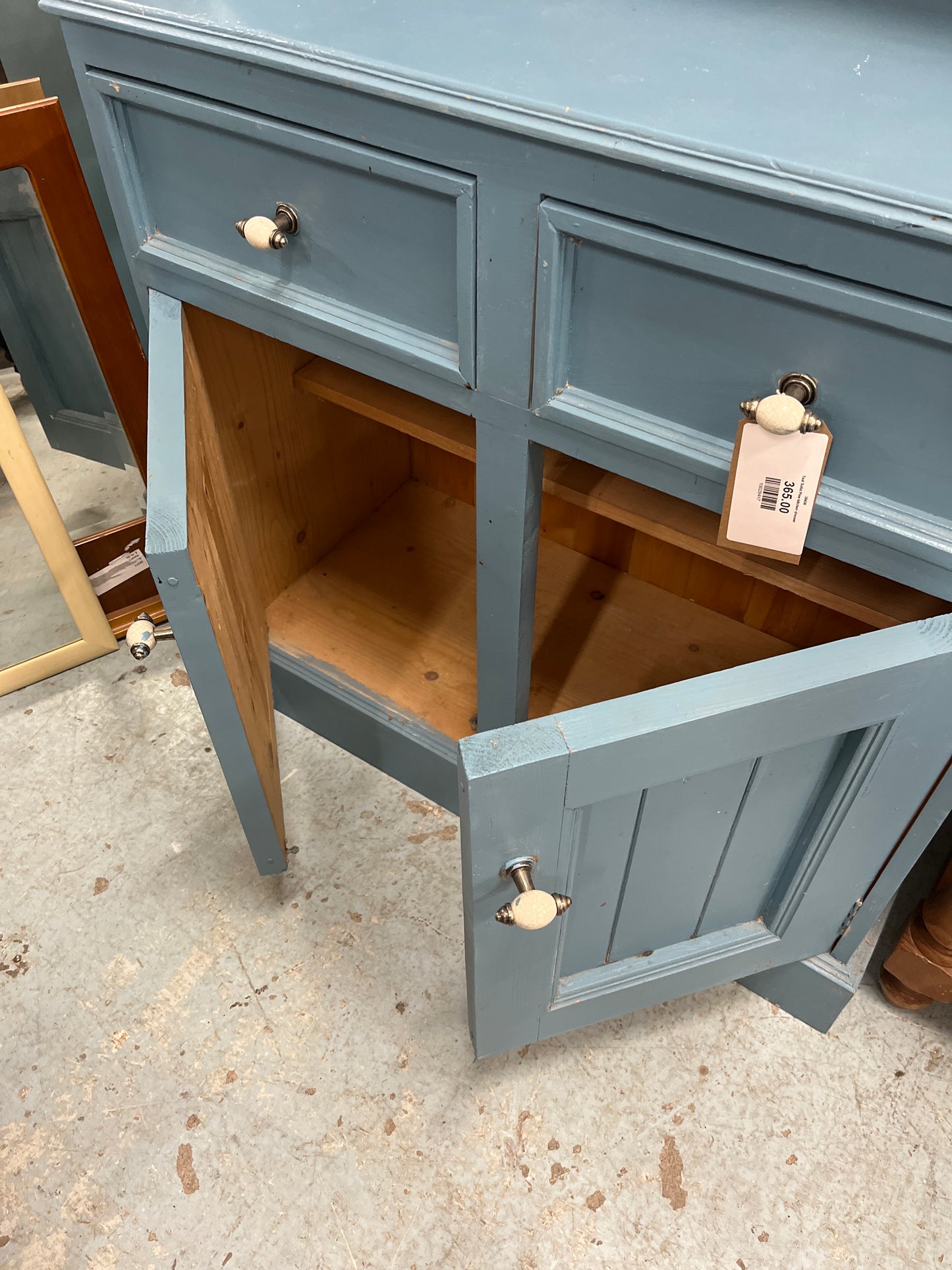 Tall solid pitch pine top open kitchen dresser with base doors painted in chalk paint