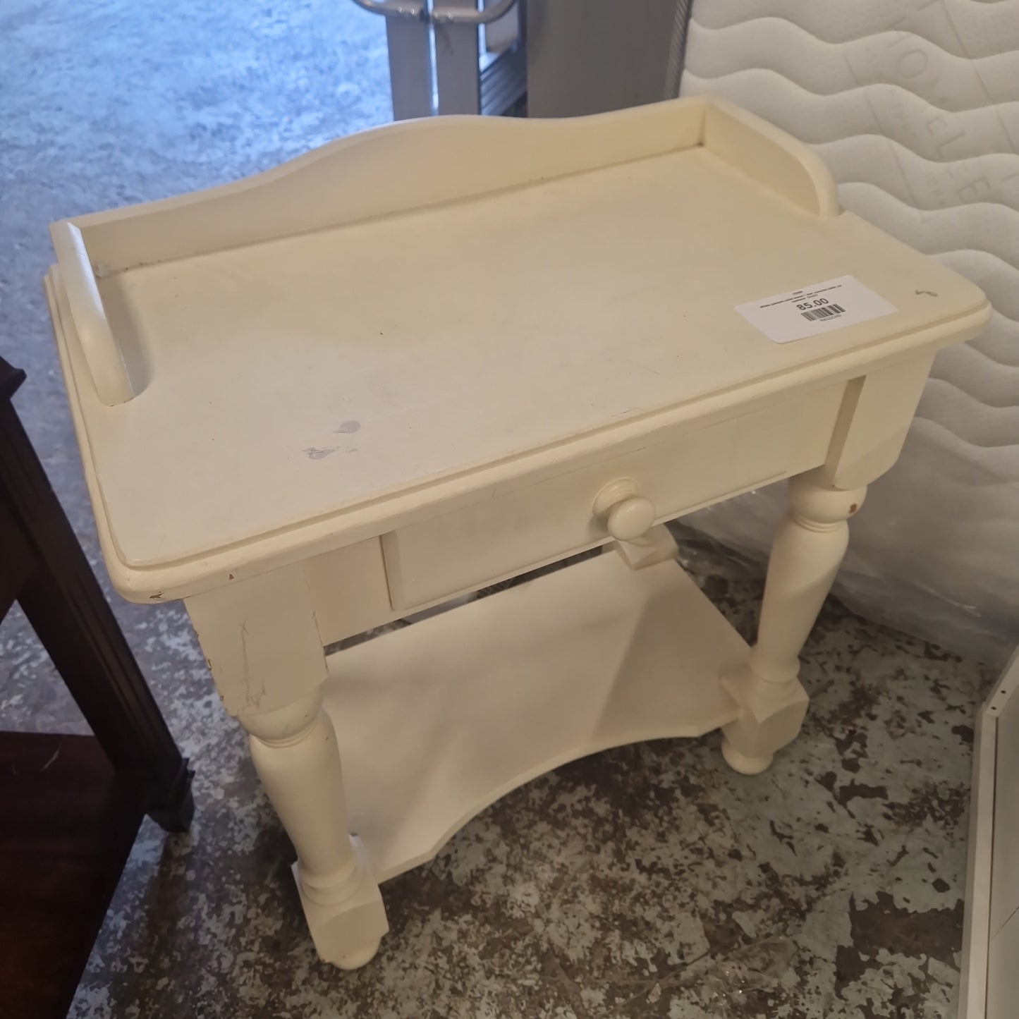 White painted solid wood 1 dwr console table cw upstand  Q3323