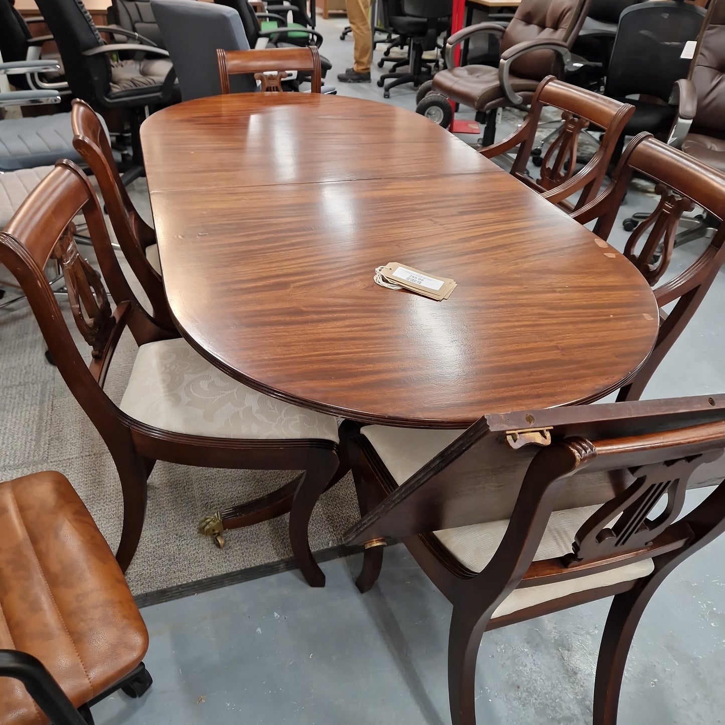 Ornate mahogany D end dining table central base cw 6 o. matching chairs with cream fabric  Q4123