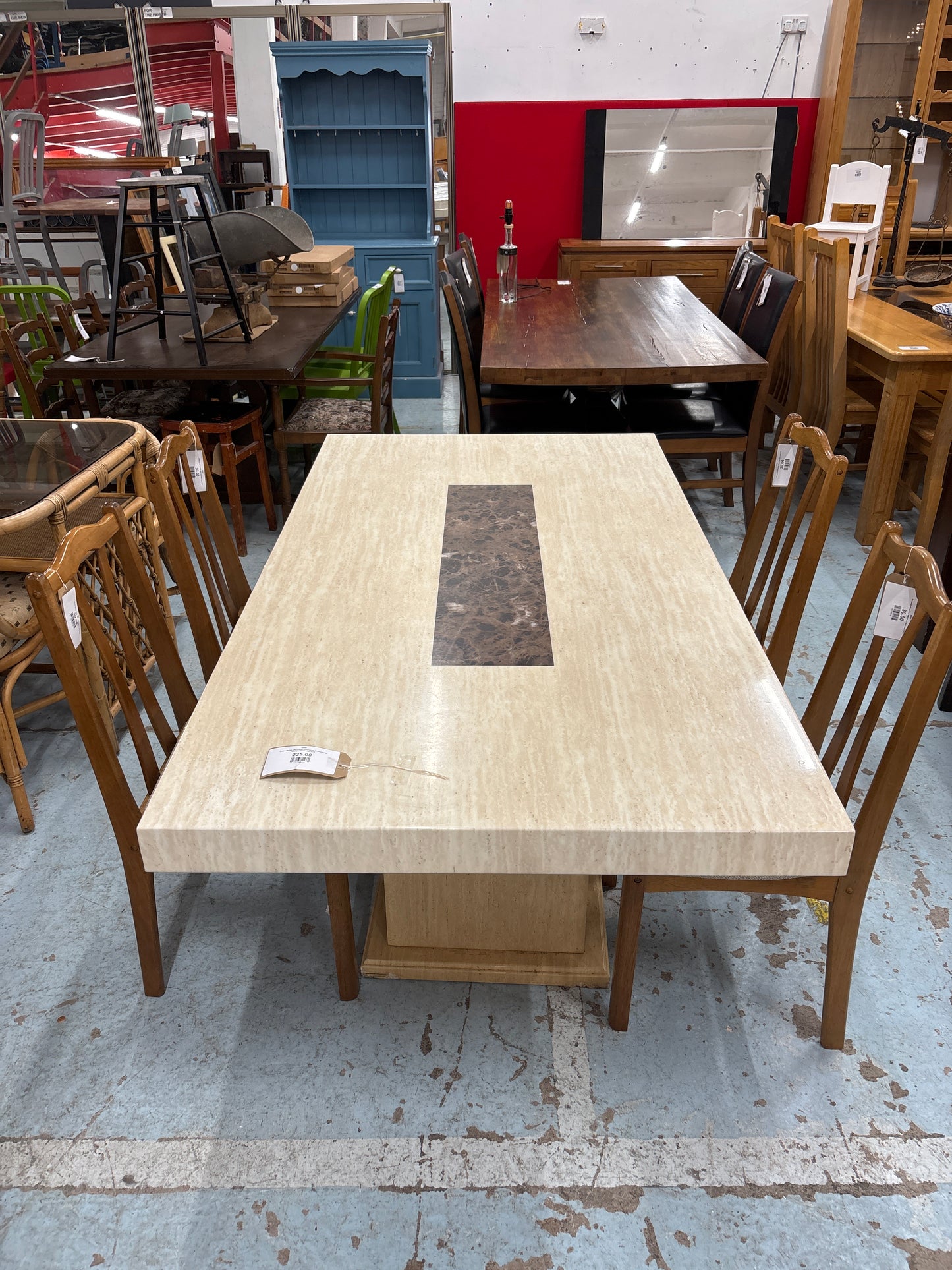 Cream Marble effect large rectangular kitchen table, central column base 2125