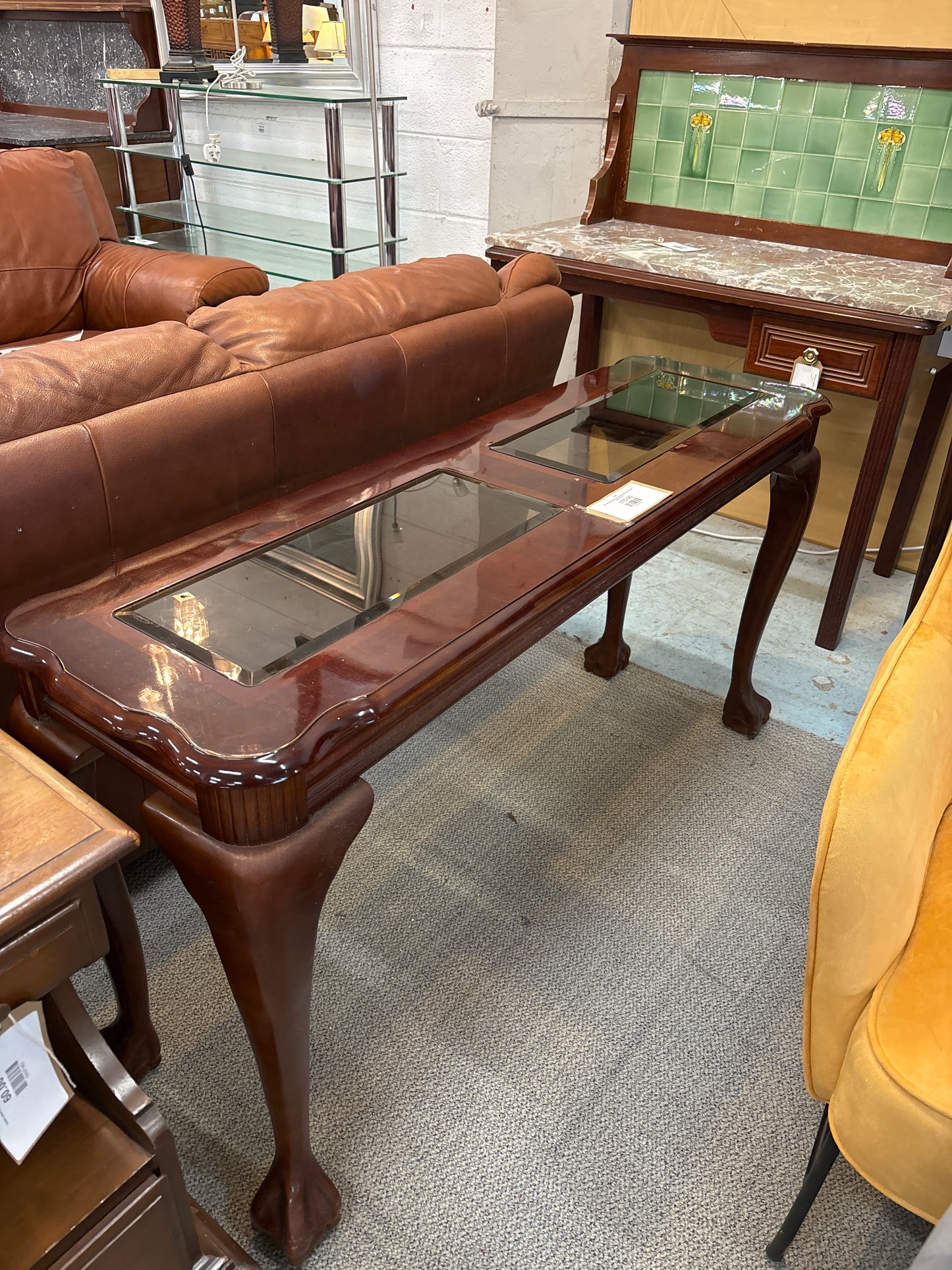 Tall ornate mahogany slim console table with smoked glass top 2125