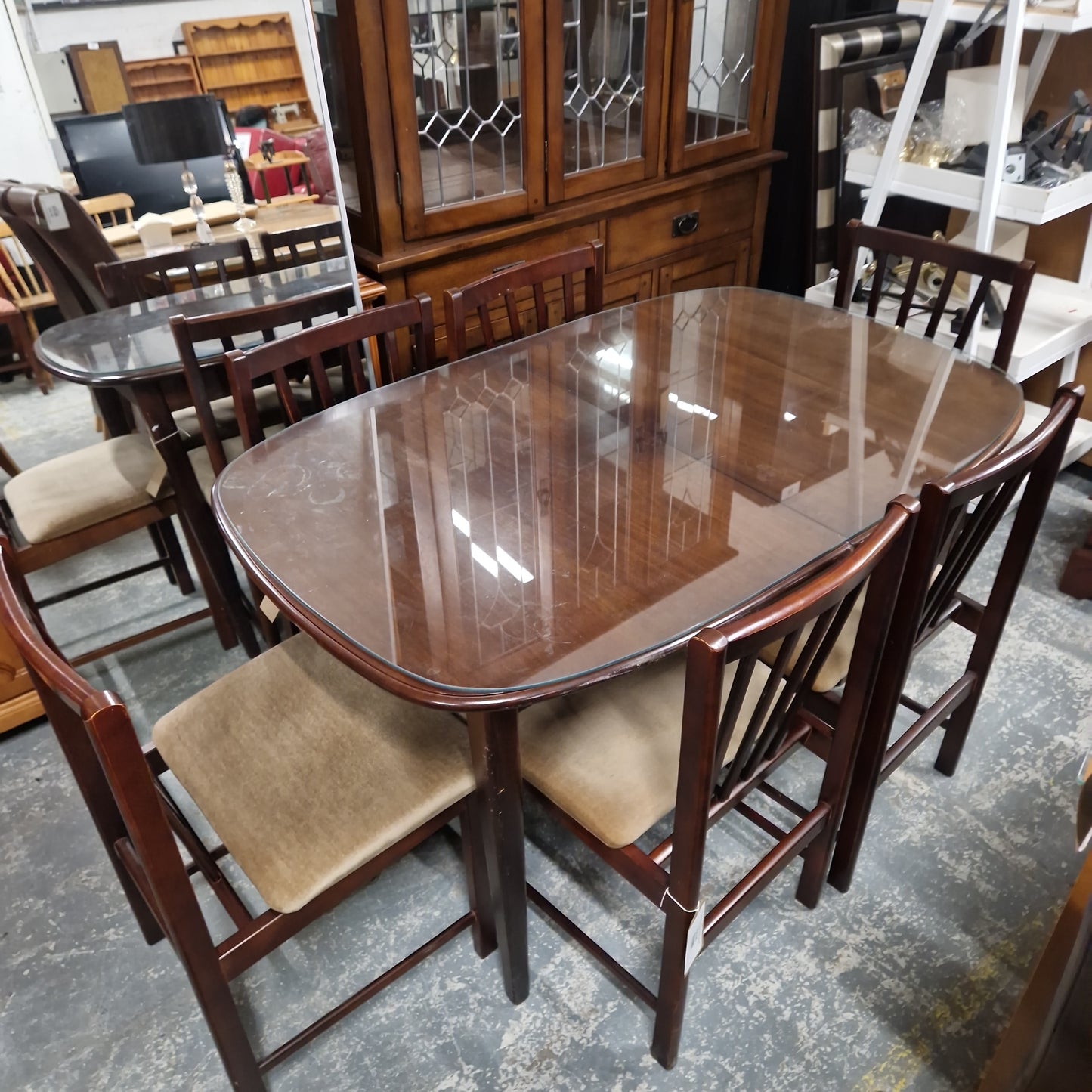 Glass top rossmore mahogany extendable kitchen table cw 6 no. matching chairs with fabric seat