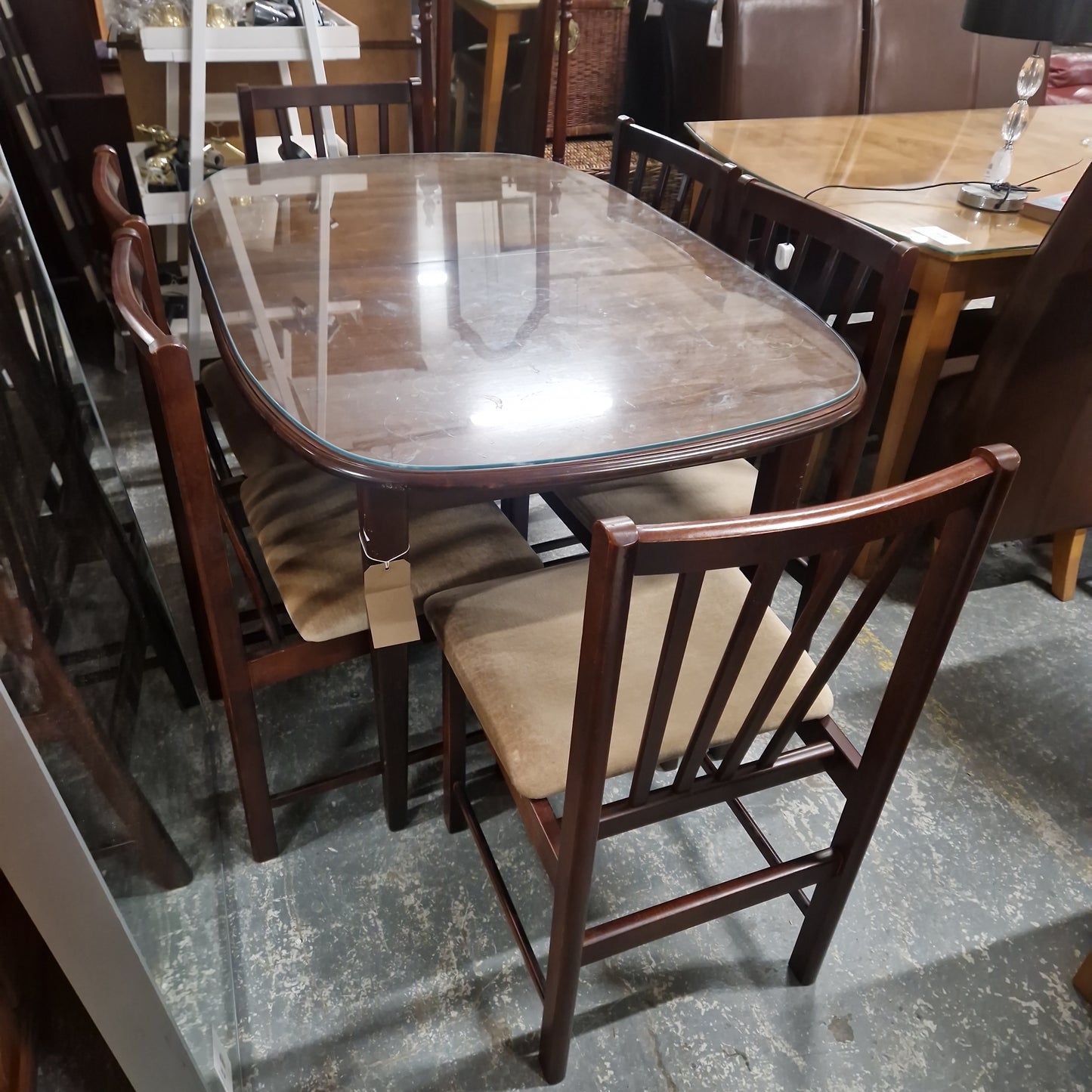 Glass top rossmore mahogany extendable kitchen table cw 6 no. matching chairs with fabric seat
