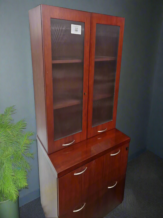 Dark mahogany 2 glass door credenza display unit cw 2 dwr lateral filer at base