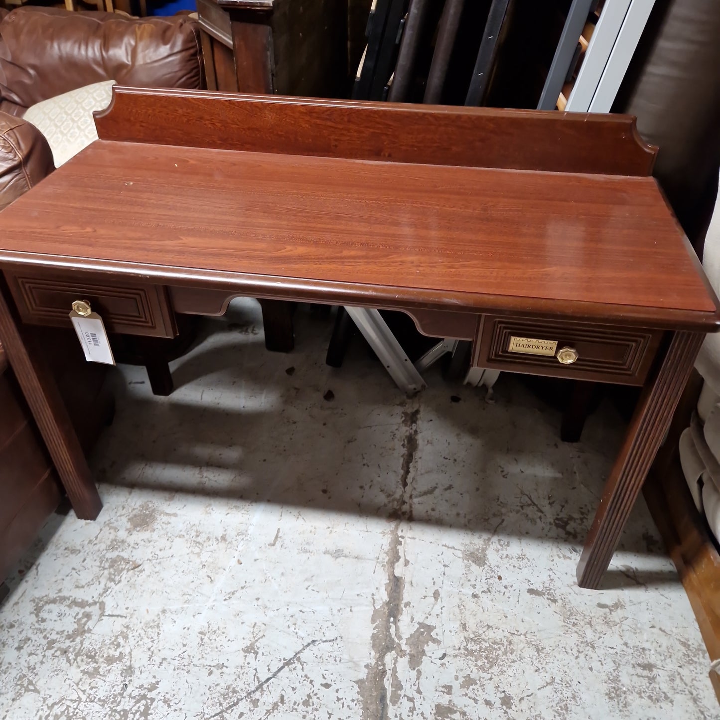 Mahogany large 2 dwr console table, desk cw upstand