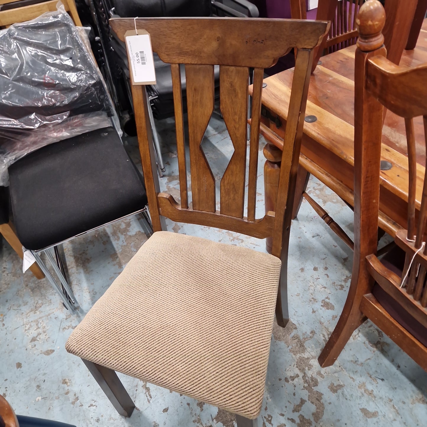 Solid dark wood stained kitchen chair with brown fabric seat 1224