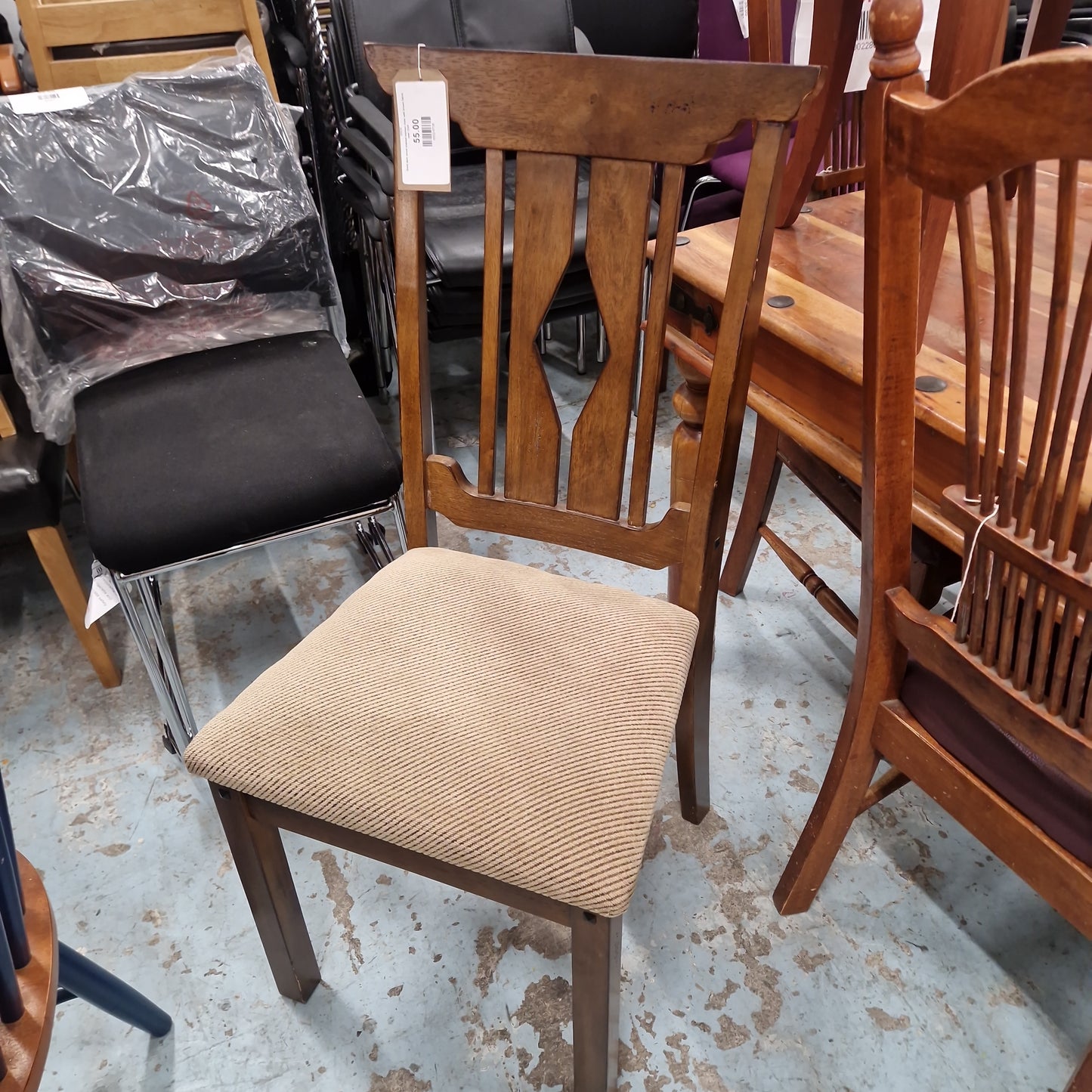 Solid dark wood stained kitchen chair with brown fabric seat 1224