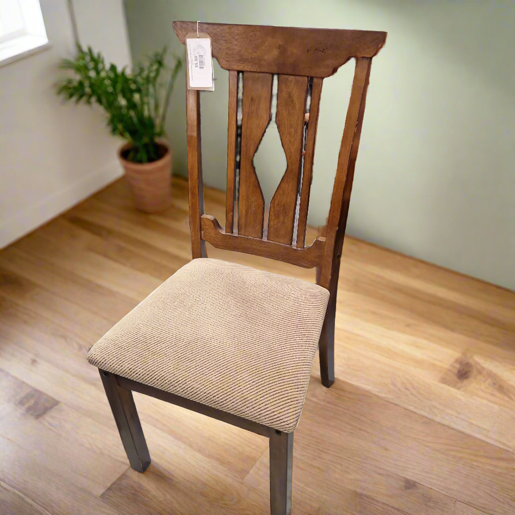 Solid dark wood stained kitchen chair with brown fabric seat 1224