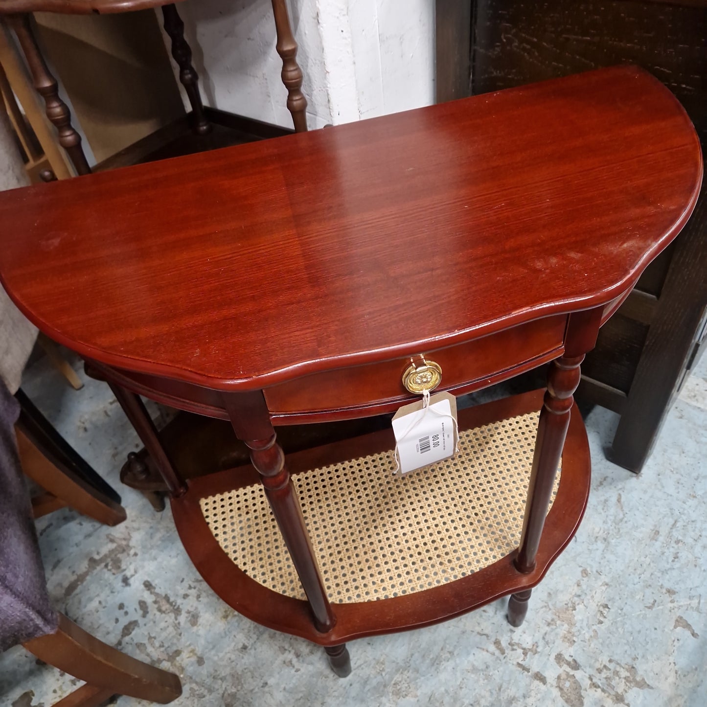 Mahogany 1 drawer half moon hall table 