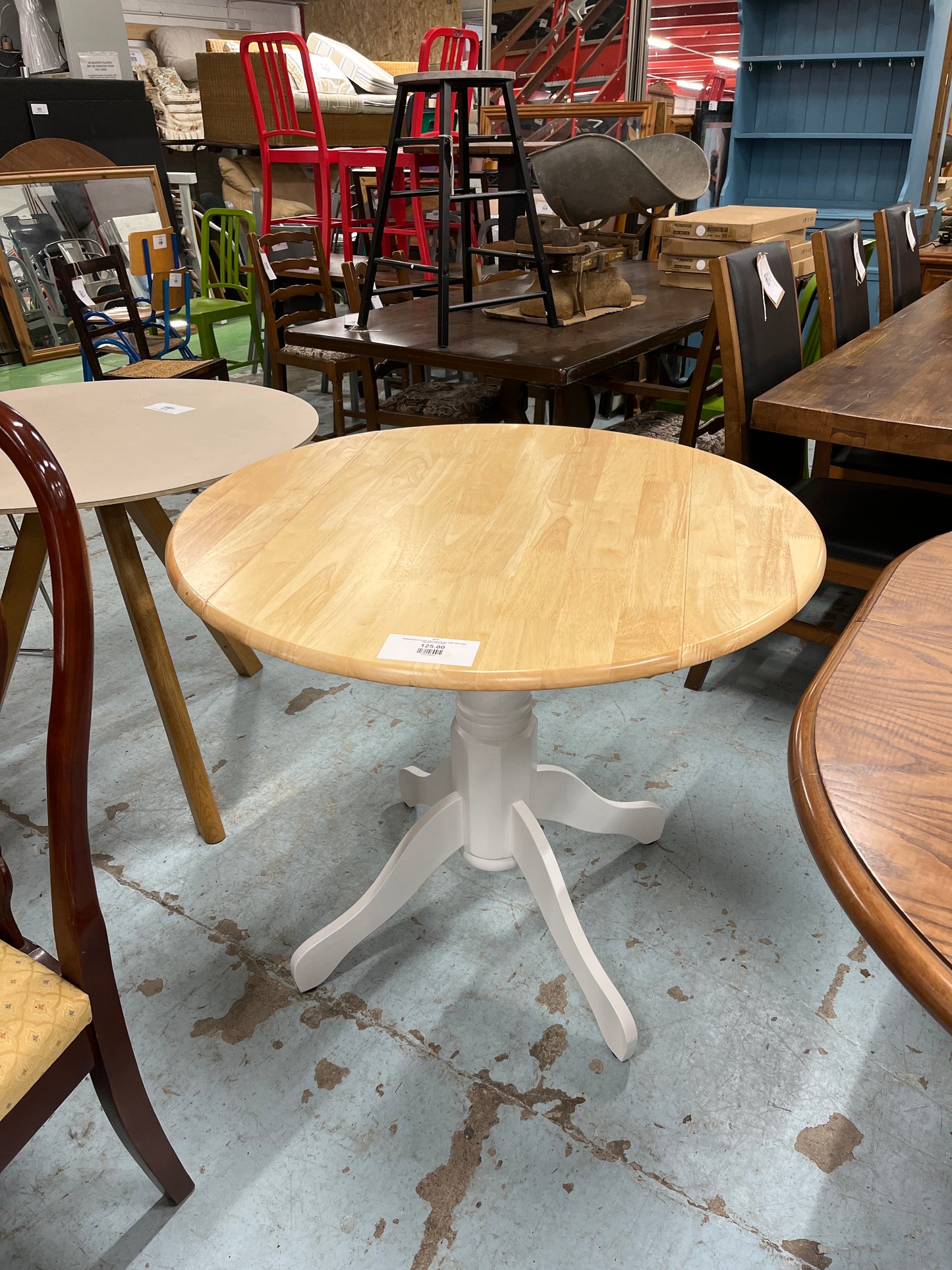 Rubberwood circular drop leaf kitchen table with white painted central base