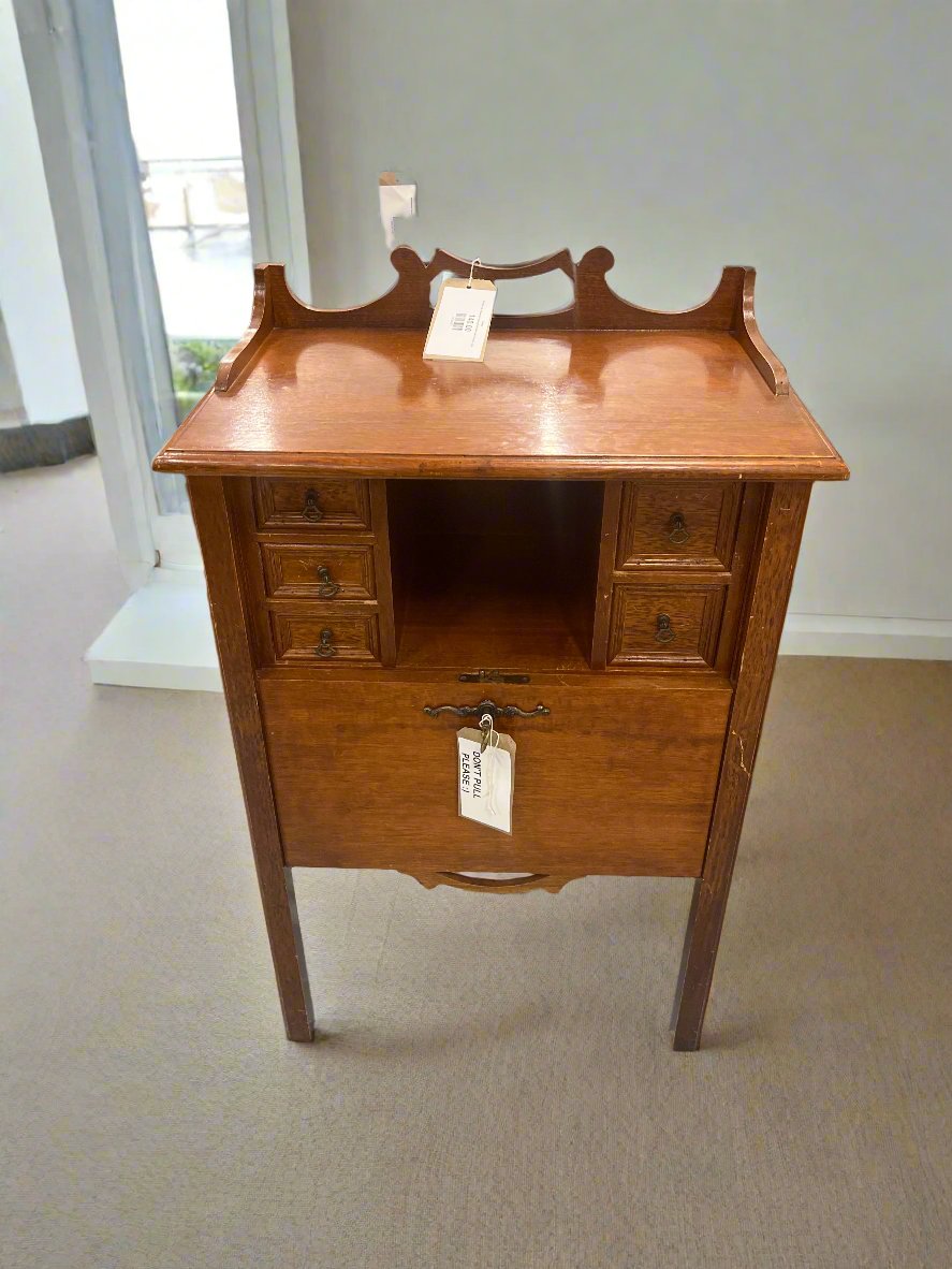 Ornate oak stained occasional tall table with drawer 3324