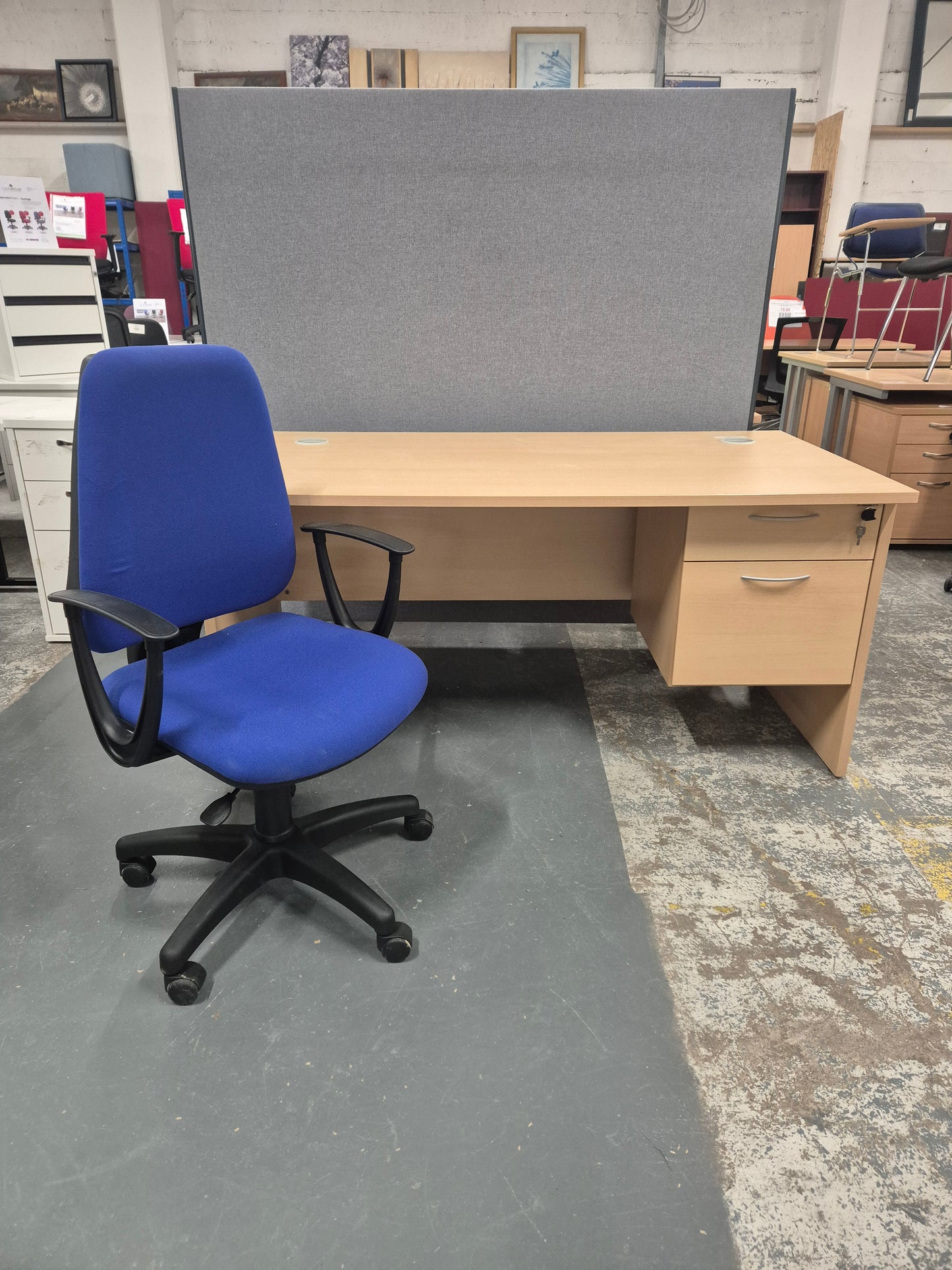 Beech 1600L Straight Desk with High Back Blue Fabric Swivel Chair