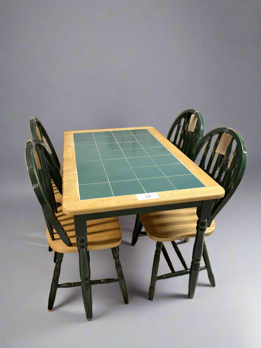 Green tiled pine kitchen table with 4 no. Matching  green chairs  2125