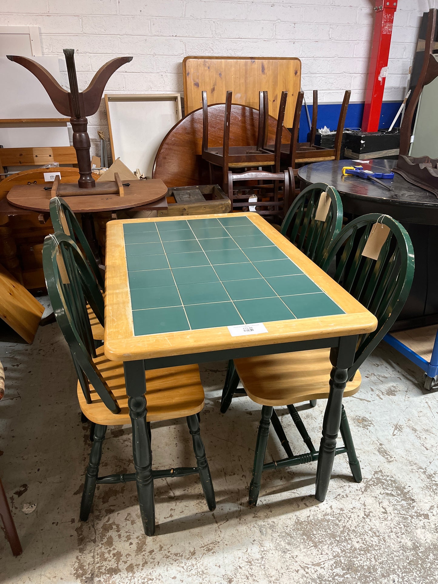 Green tiled pine kitchen table with 4 no. Matching  green chairs  2125