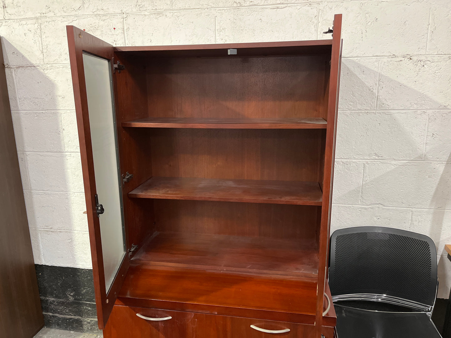 Dark mahogany 2 glass door credenza display unit cw 2 dwr lateral filer at base