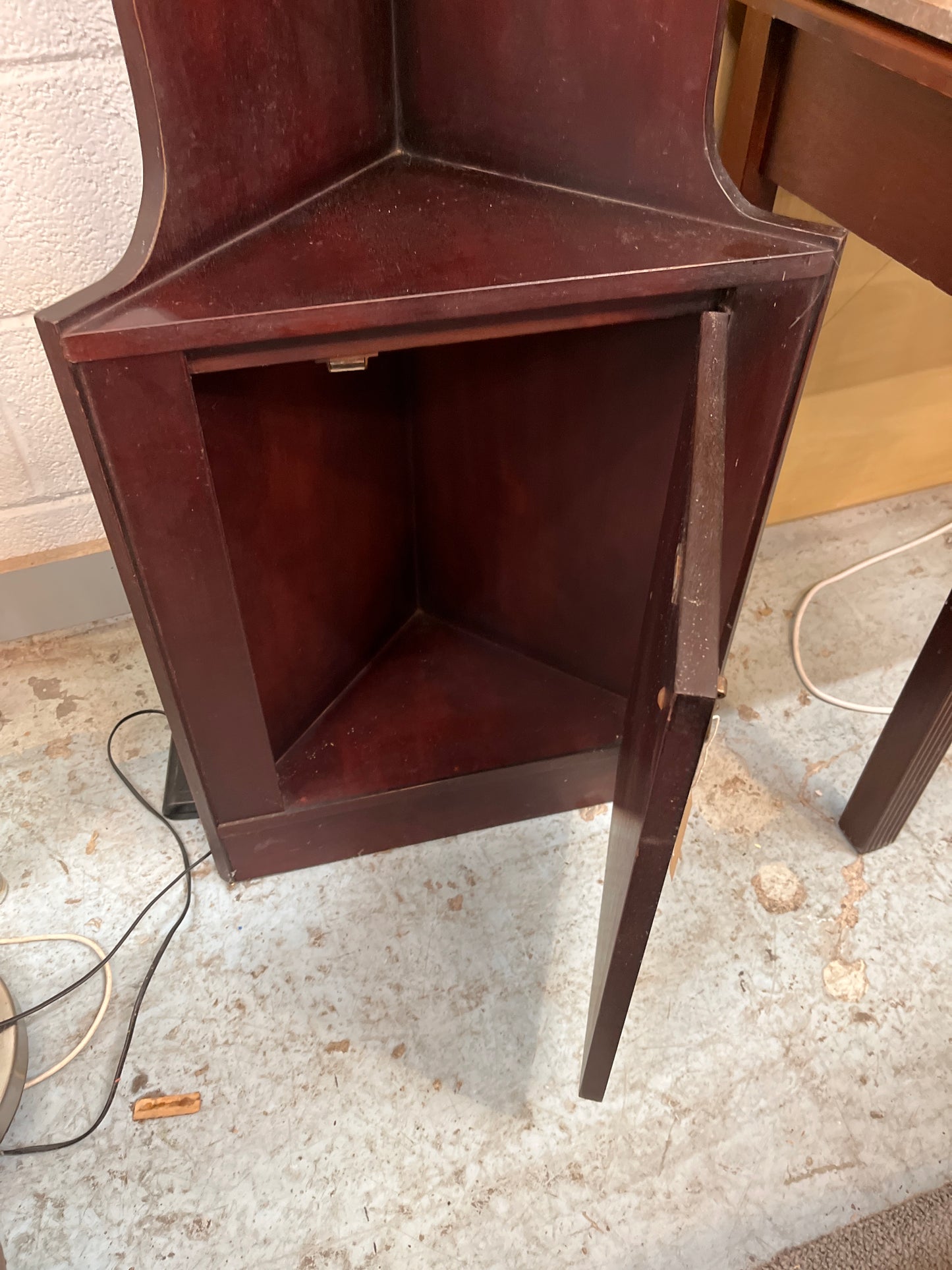 Tall mahogany corner what not with base door  2125