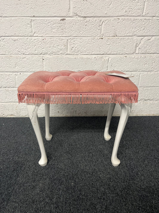 Pink button back fabric footstool with white legs  3125