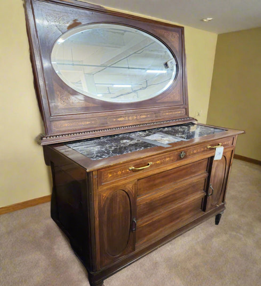 Solid mahogany inlaid 3 drawer 2 door sideboard with black marble insert and mirror 2224