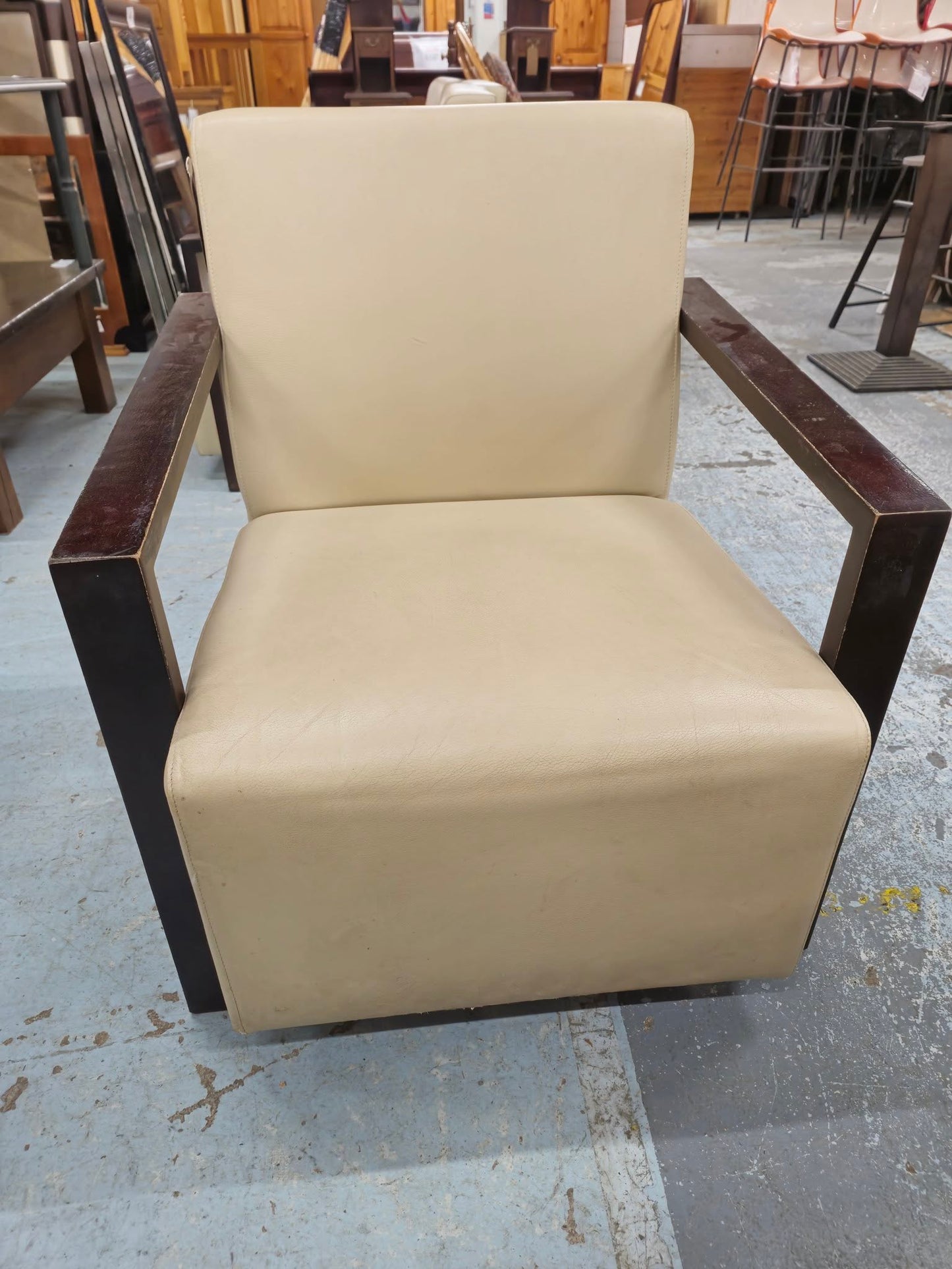 Solid wood stained frame RECEPTION lounge chair with cream leather finish