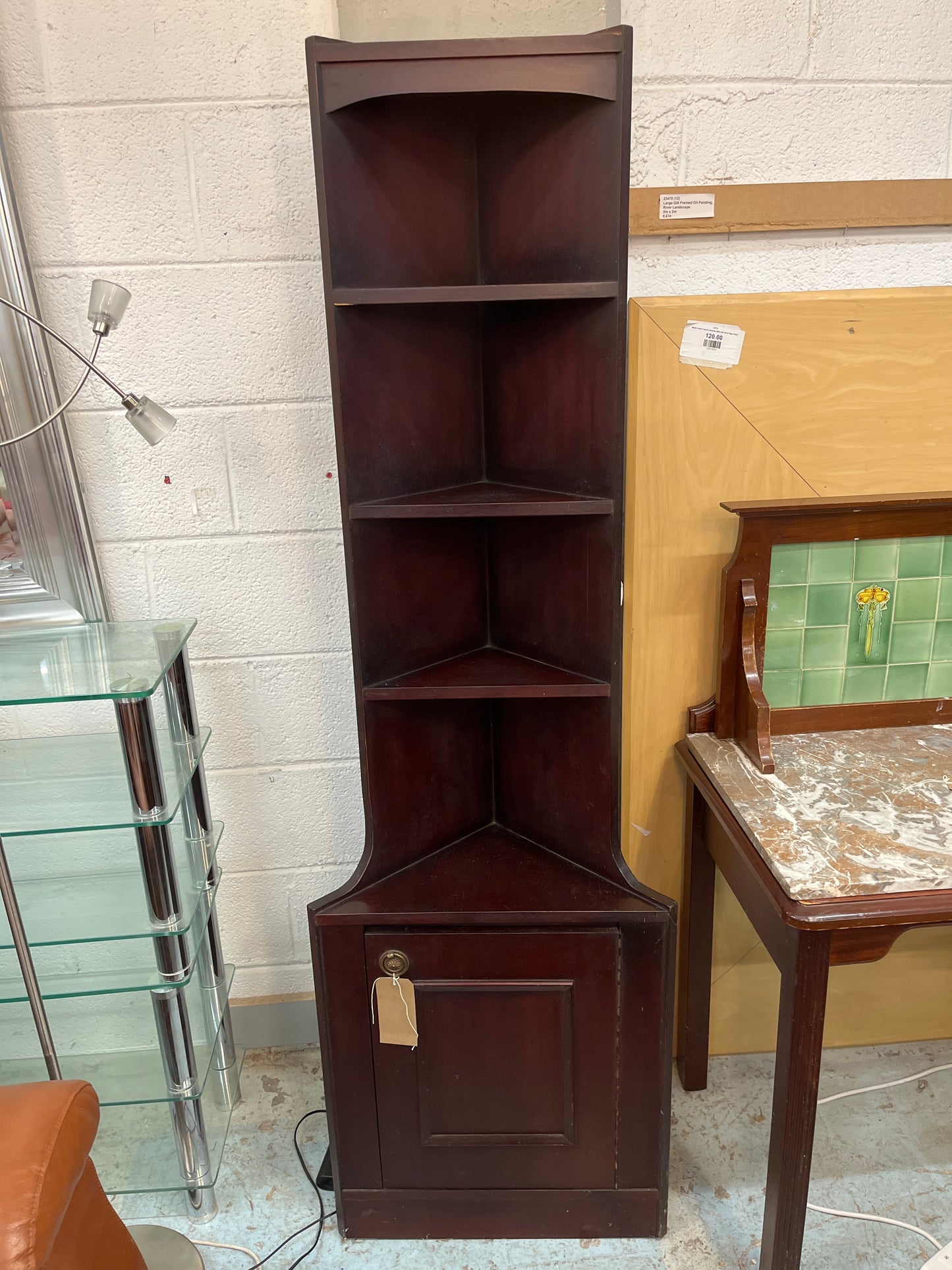 Tall mahogany corner what not with base door  2125