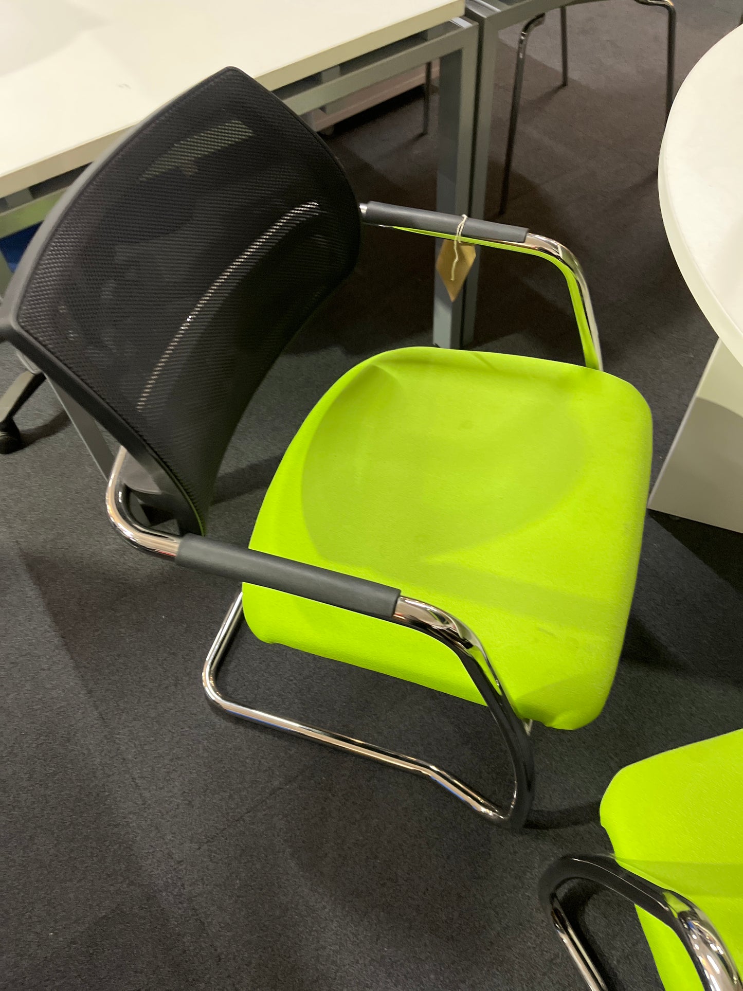 Lime green fabric cantilever meeting chair, chrome frame with arms and mesh back. 3 NO. MATCHING IN STOCK