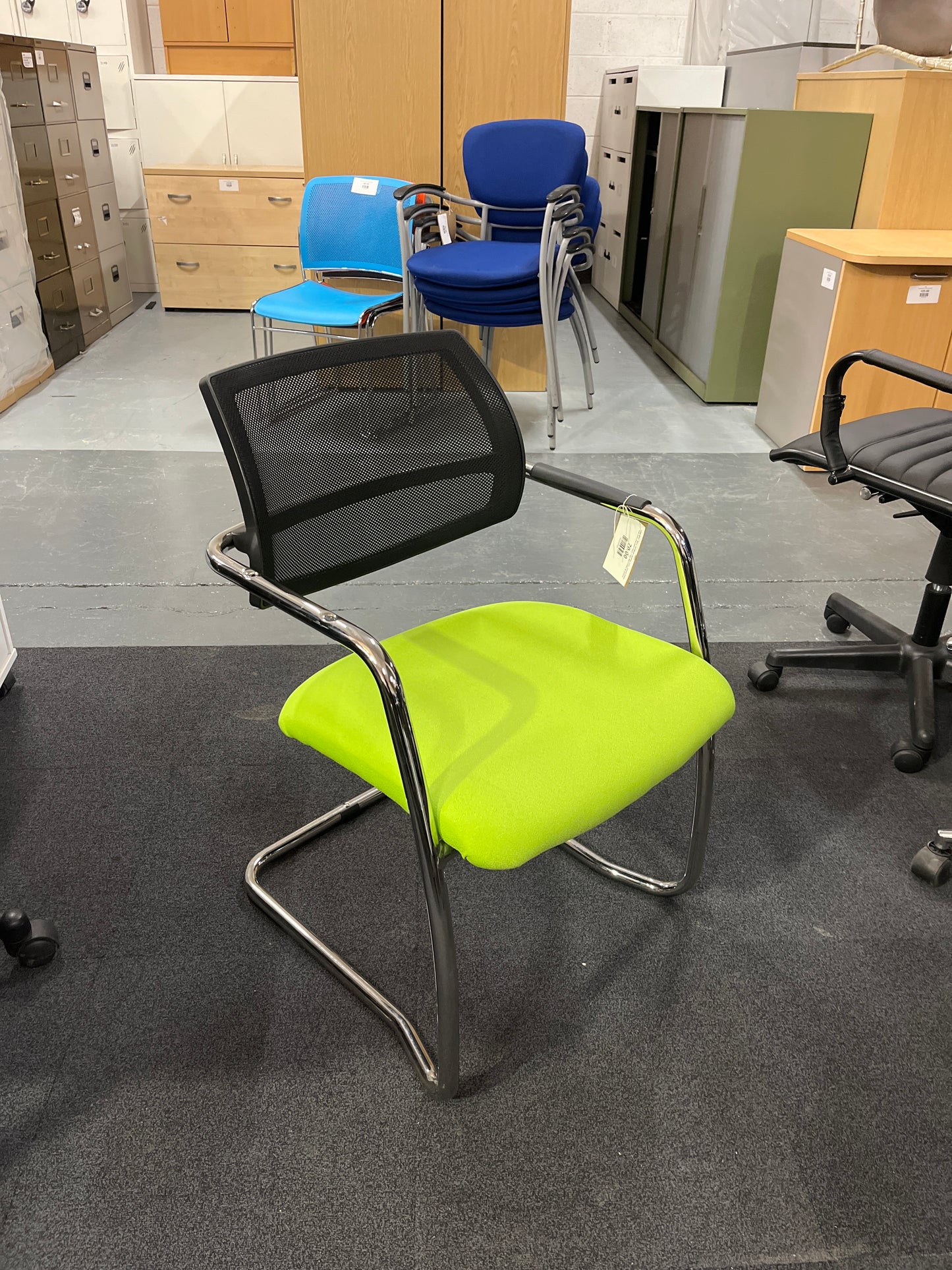 Lime green fabric cantilever meeting chair, chrome frame with arms and mesh back. 3 NO. MATCHING IN STOCK