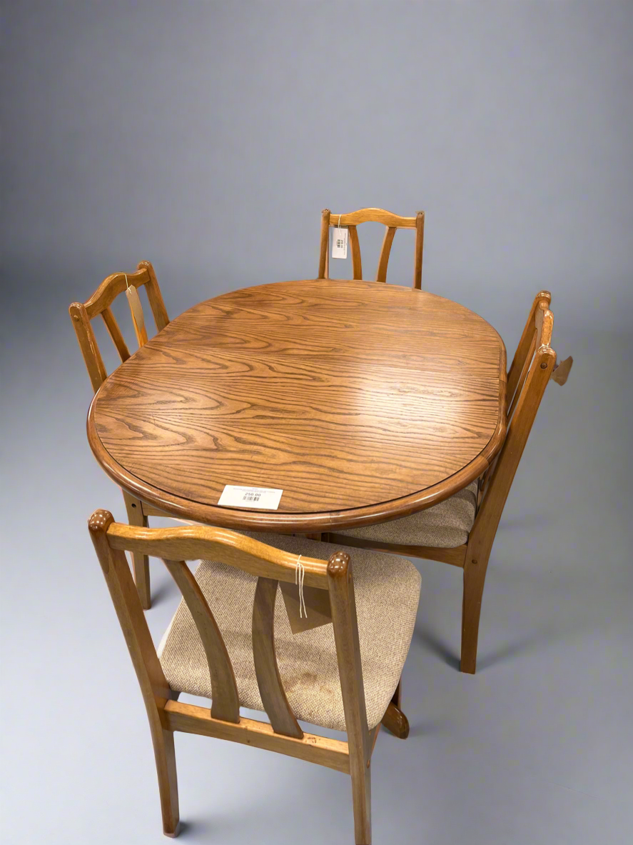 Stained Oak oval extendable dining table with 4 matching chairs with grey fabric seat 2125