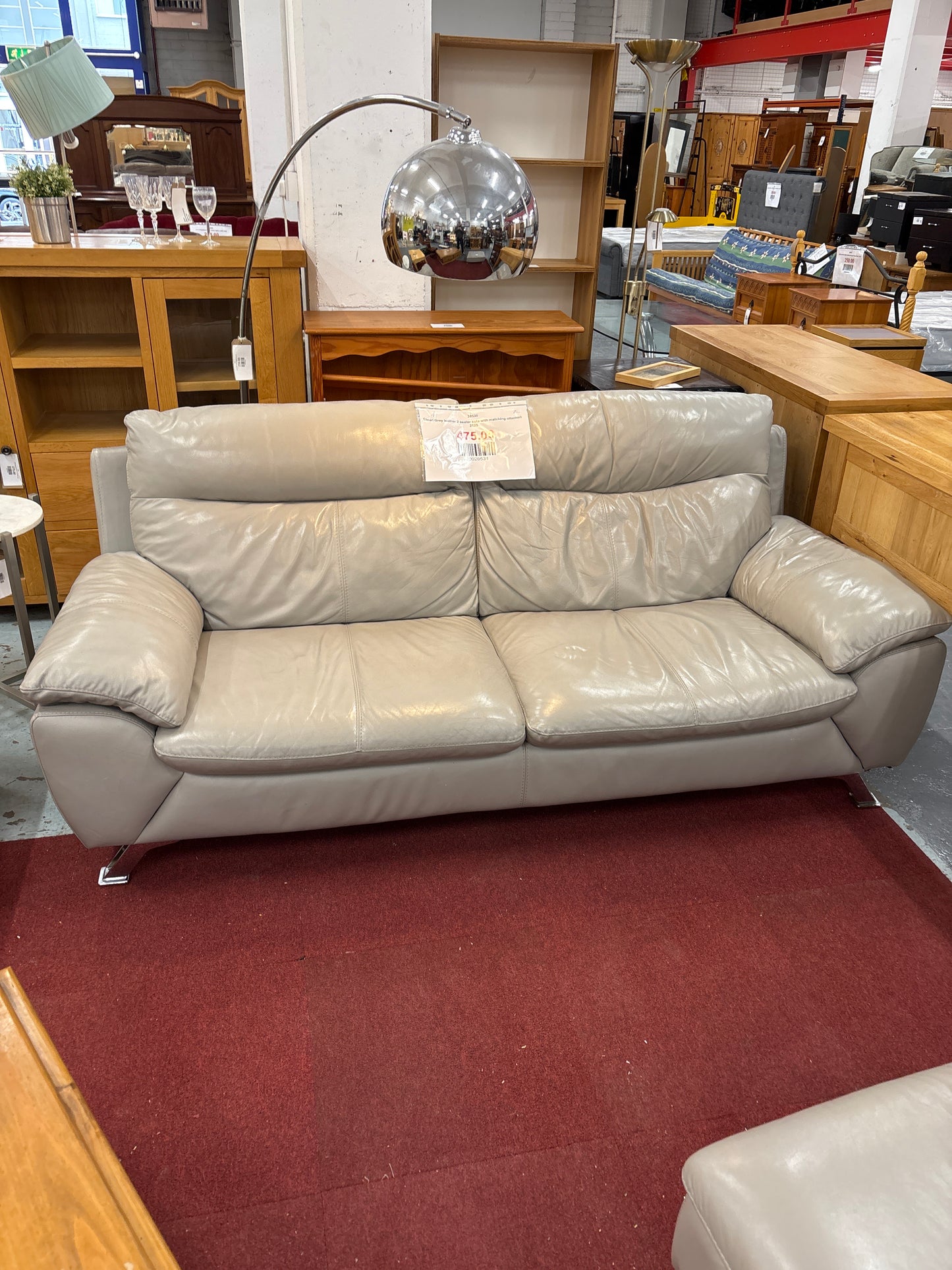 Cloud Grey leather 2 seater sofa with matching ottomon   2125