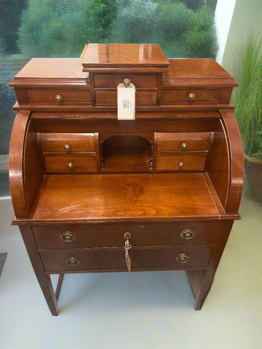 Ornate roll top mahogany stained writing bureau with drawers 3324