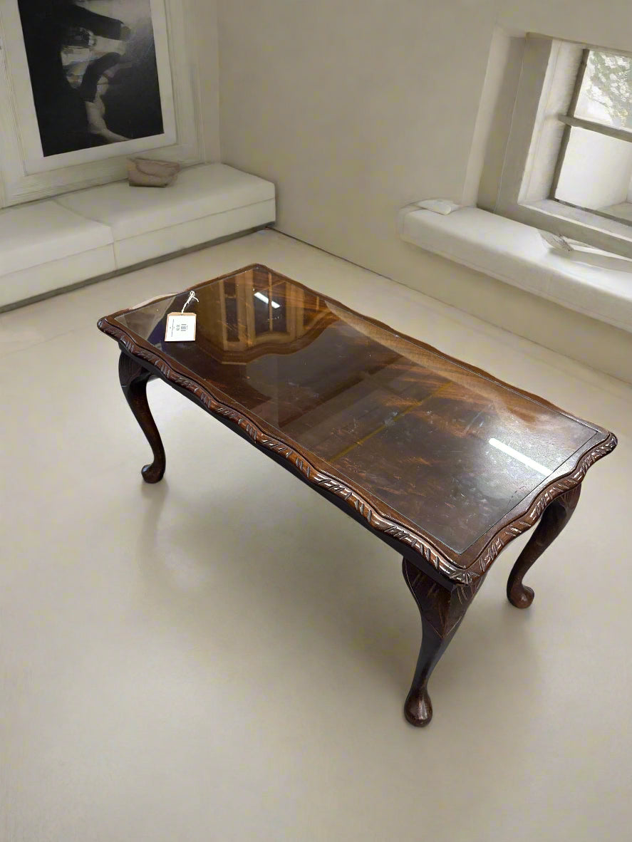 Low rectangular mahogany coffee table with glass top 2125