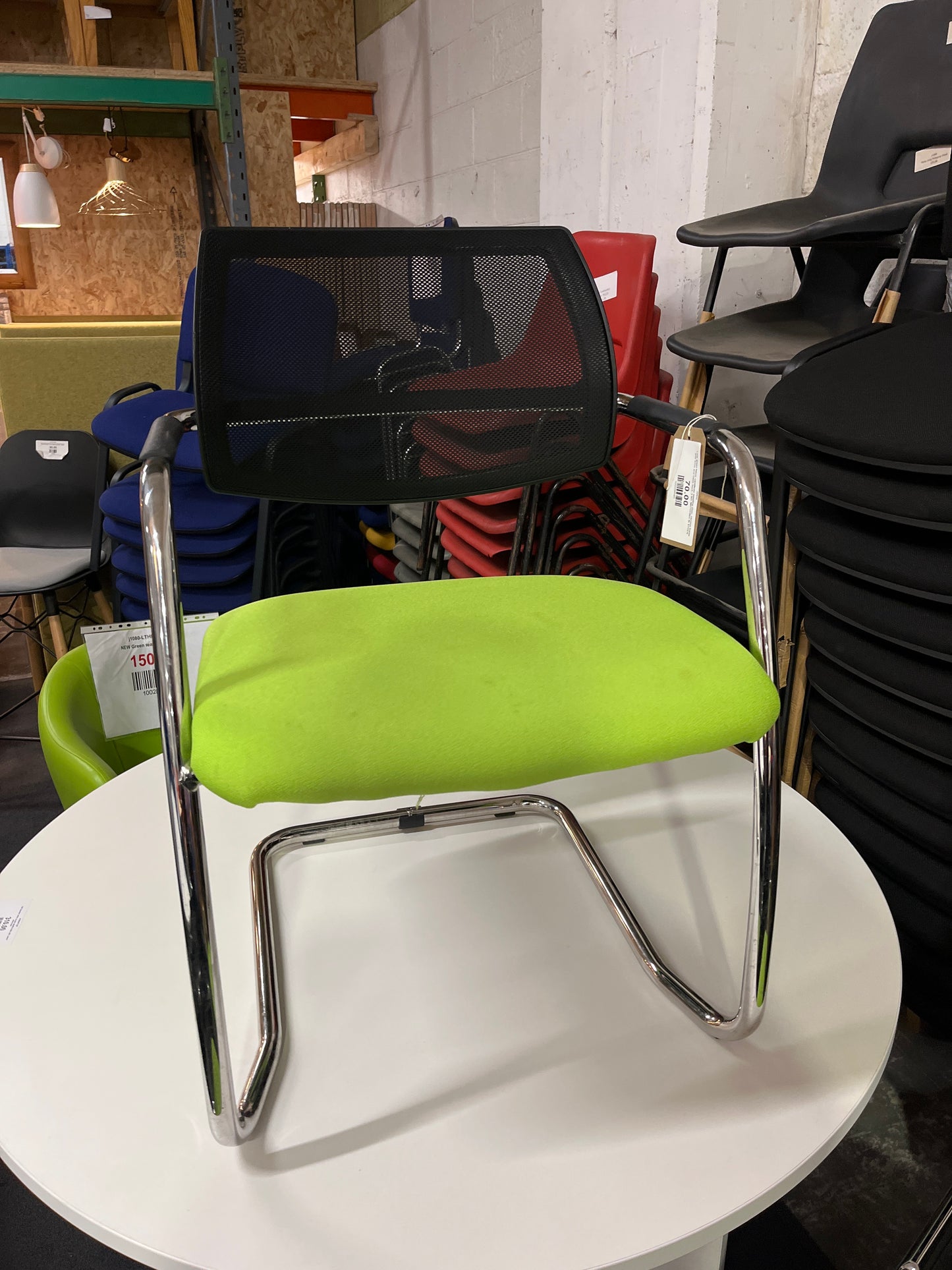 Lime green fabric cantilever meeting chair, chrome frame with arms and mesh back. 3 NO. MATCHING IN STOCK