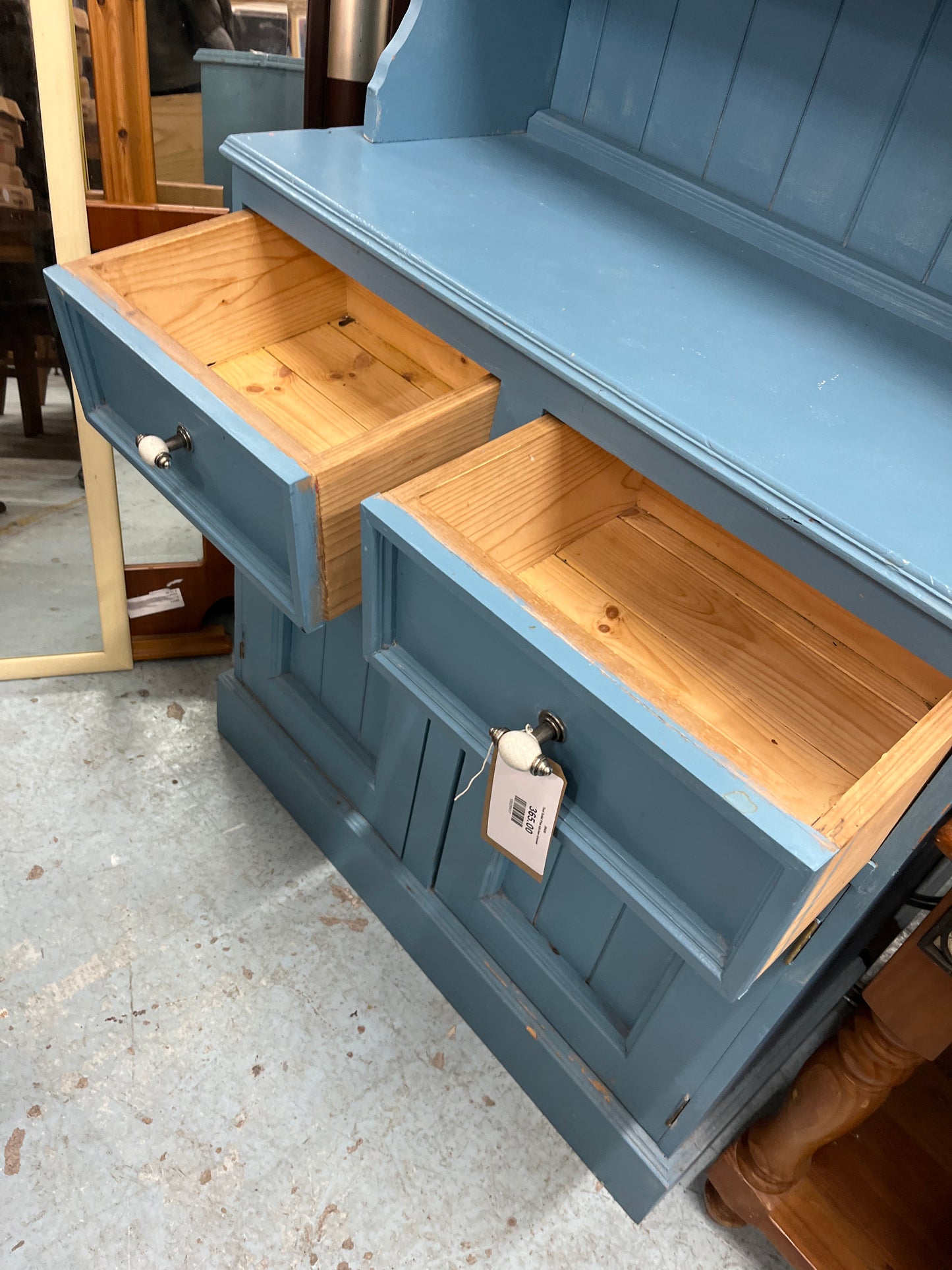 Tall solid pitch pine top open kitchen dresser with base doors painted in chalk paint