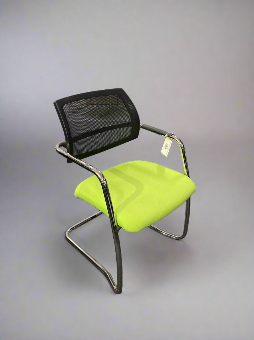 Lime green fabric cantilever meeting chair, chrome frame with arms and mesh back. 3 NO. MATCHING IN STOCK