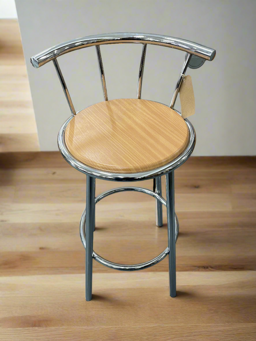 Tall chrome framed bar stool with back and beech seat