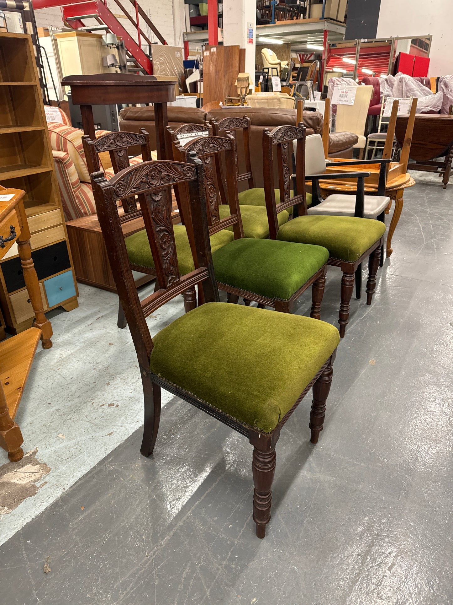 Mahogany stained ornate dining chair with green velour seat fabric  4124