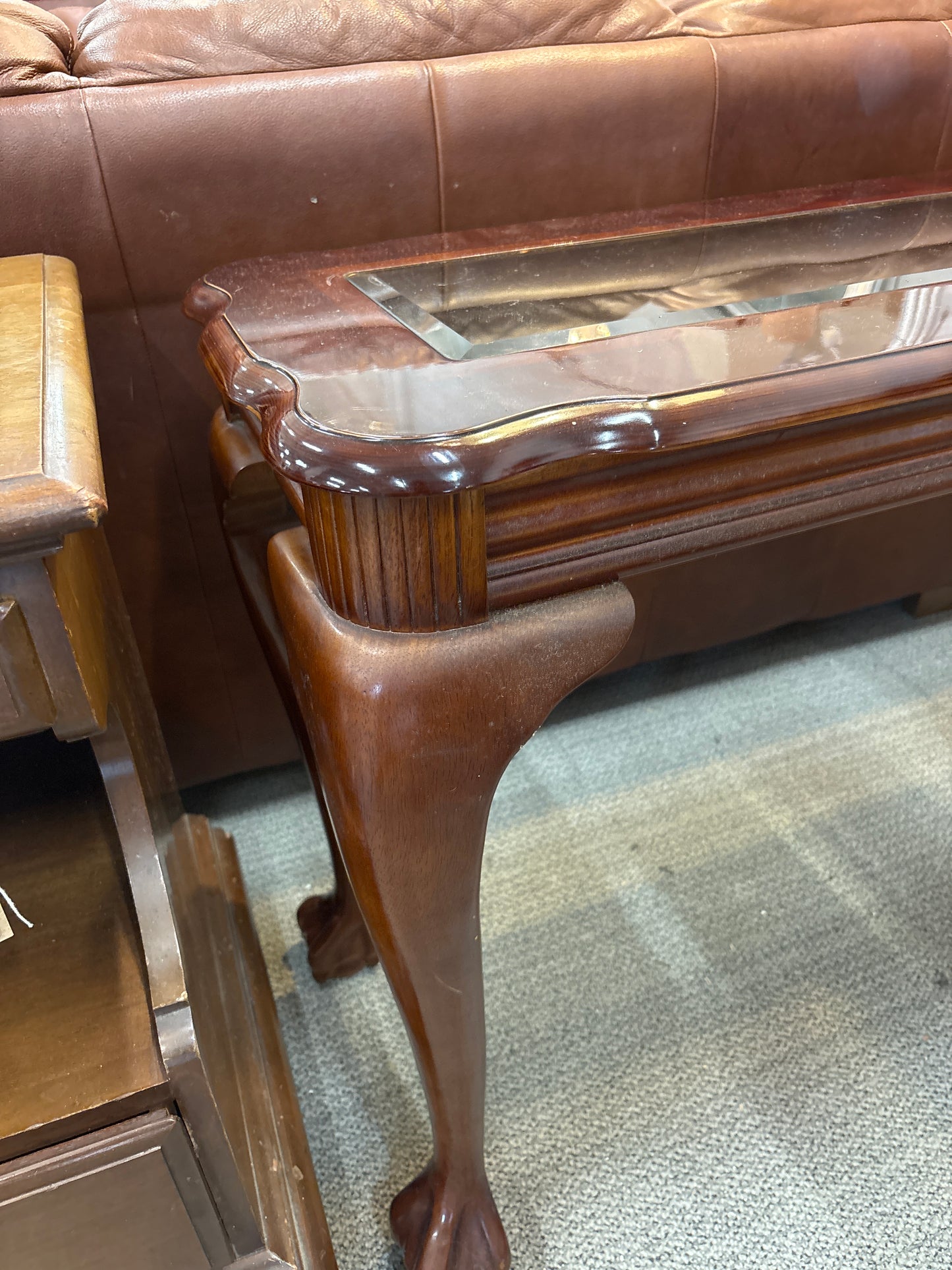 Tall ornate mahogany slim console table with smoked glass top 2125