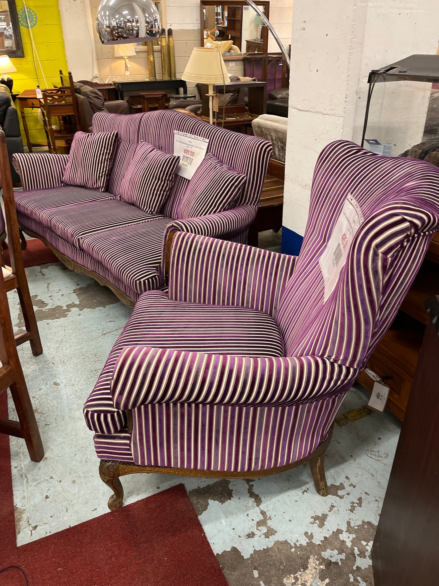 3+1+1 wing back solid wood frame, purple stripe sofa suite  1125