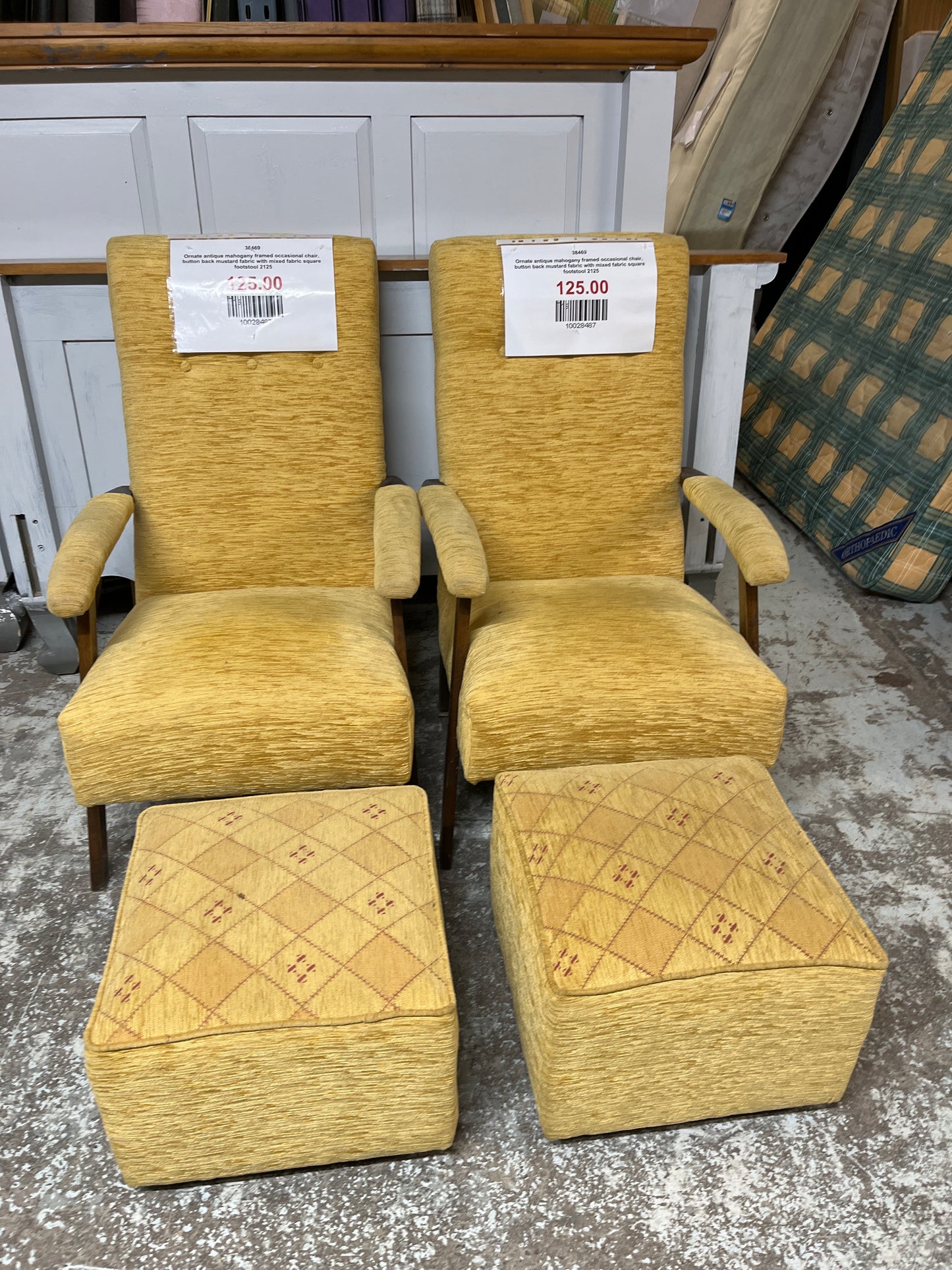 Ornate antique mahogany framed occasional chair, button back mustard fabric with mixed fabric square footstool 2125