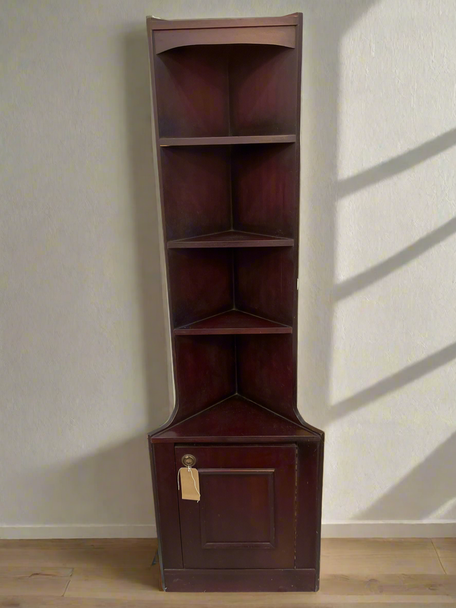 Tall mahogany corner what not with base door  2125