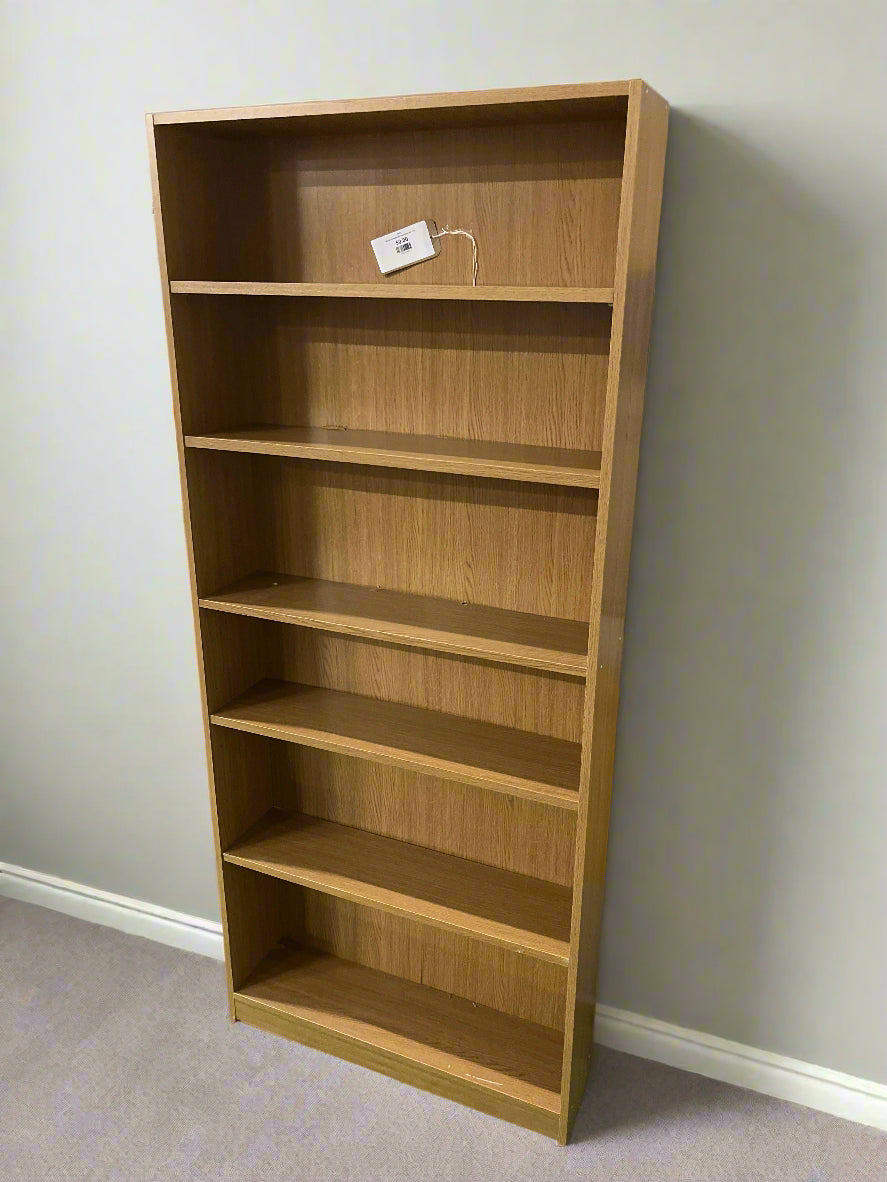 Tall oak laminate slim open bookcase  1125