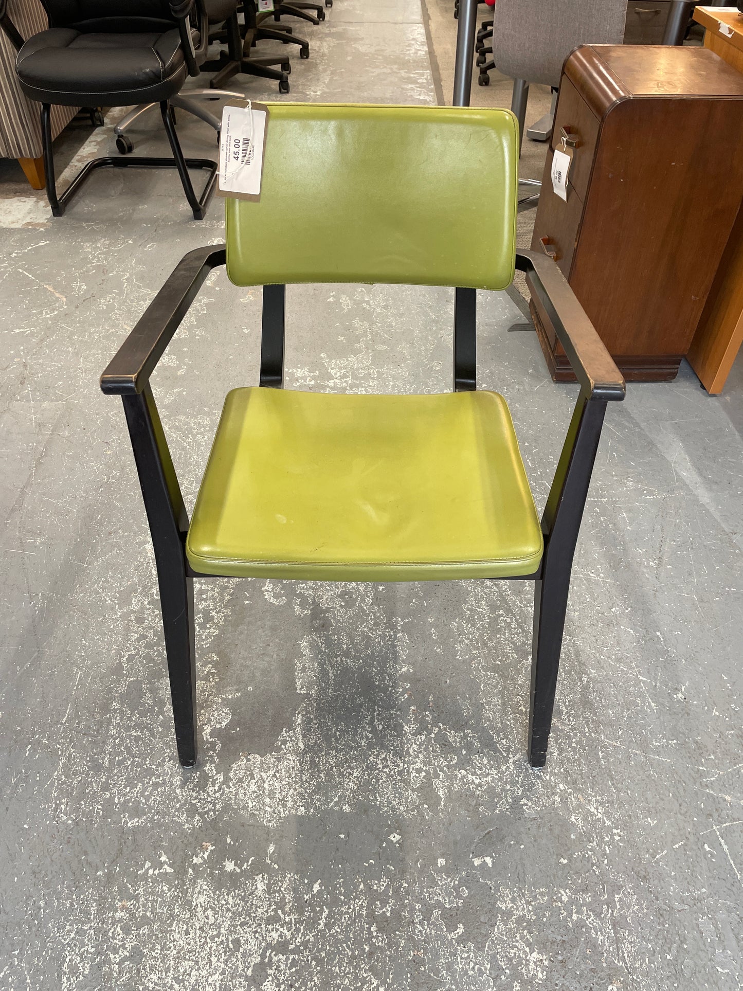 Solid wood black stained carver dining chair with arms, leather seat and back  - Green leather