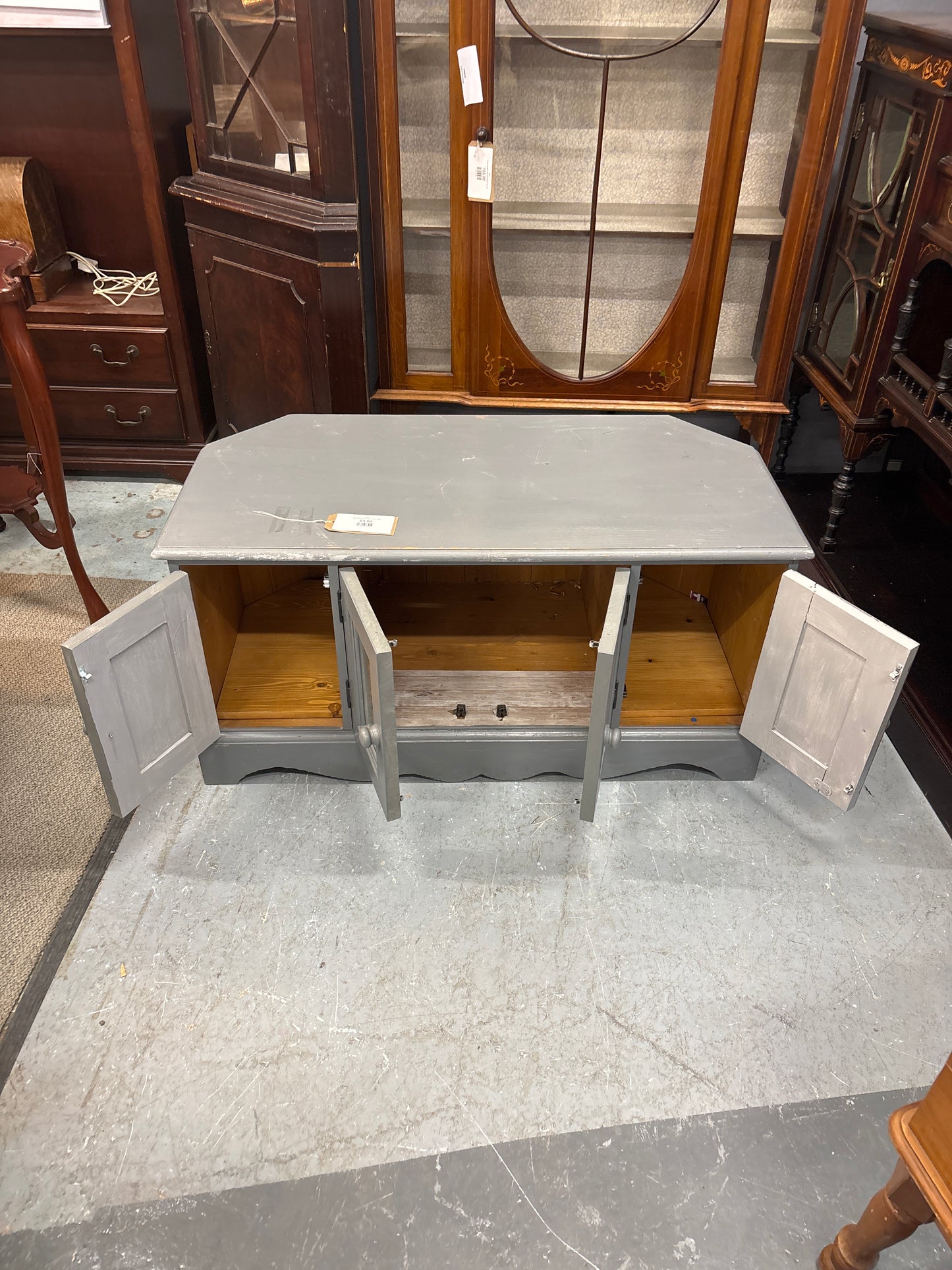 Low 4 door grey painted TV unit  2125