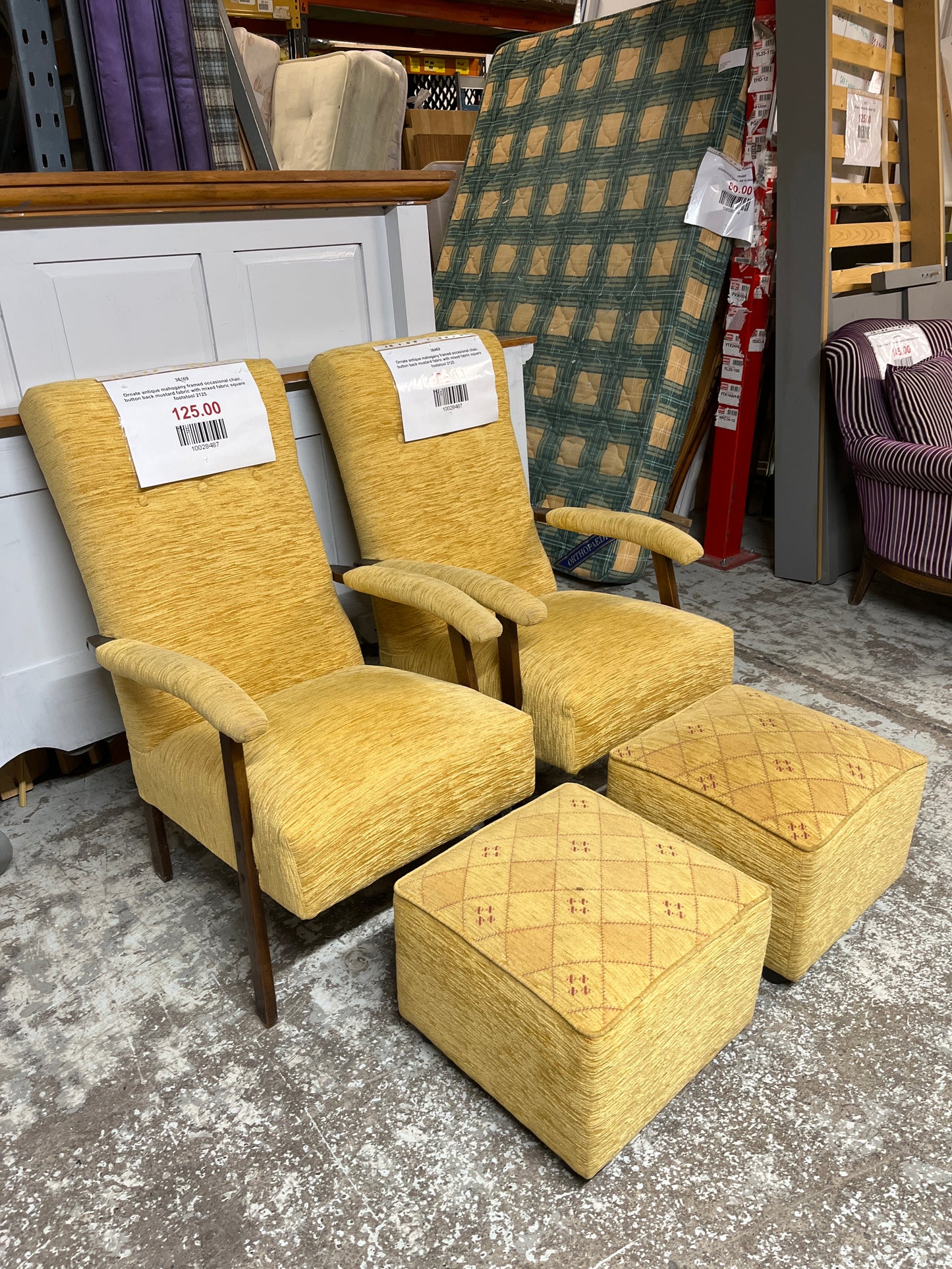 Ornate antique mahogany framed occasional chair, button back mustard fabric with mixed fabric square footstool 2125