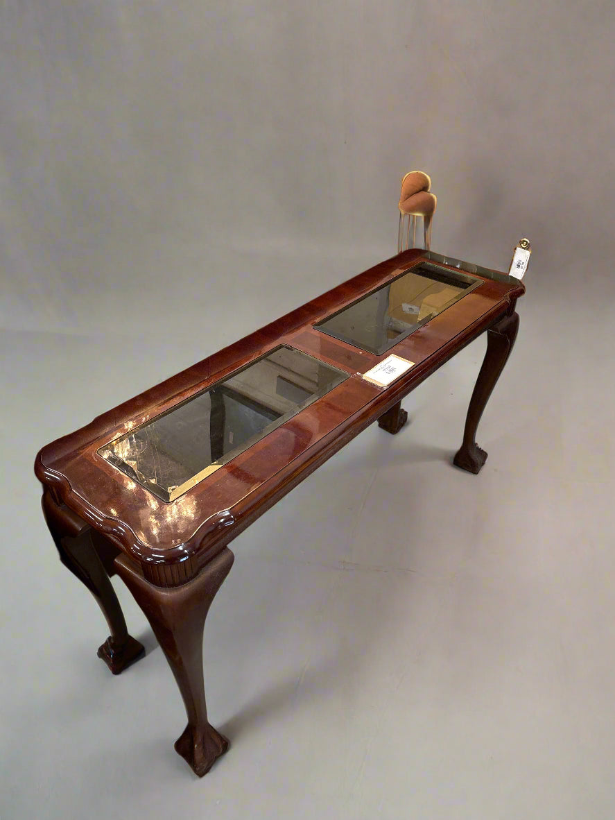 Tall ornate mahogany slim console table with smoked glass top 2125