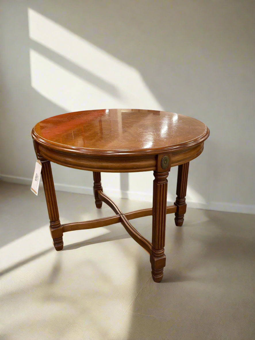 Low mahogany inalid circular coffee table and ornate detailing  1125