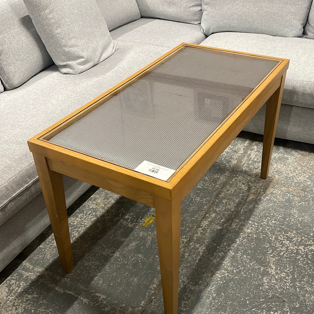 Solid wood light stained rectangular coffee table with glass top  2224