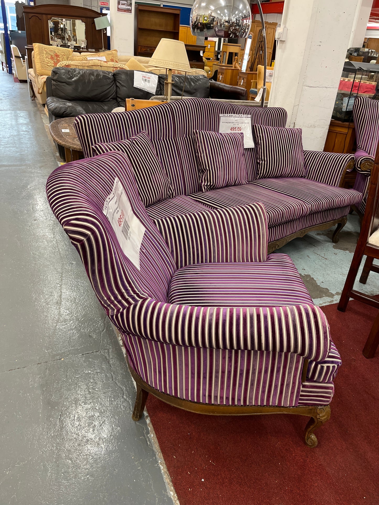 3+1+1 wing back solid wood frame, purple stripe sofa suite  1125