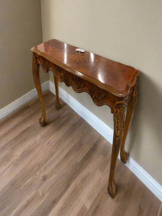 Ornate mahogany inlaid slim console table with carved details  1125