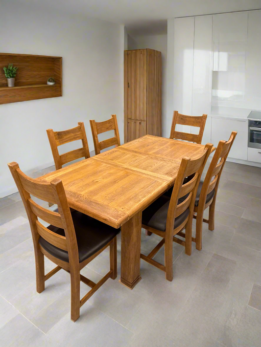 Solid Oak Kitchen Table Set With 6 Matching Oak Chairs And Leather Seats  1125